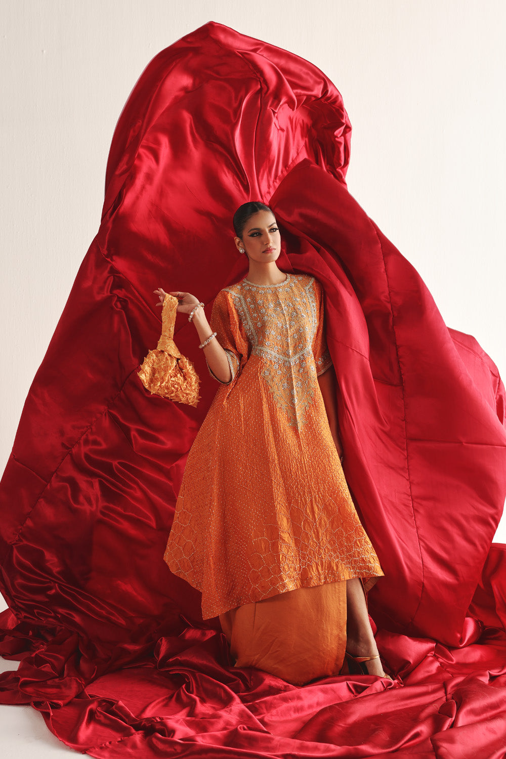 Marodiwork Crushed Bandhani Silk Kaftan Kurta with Pencil Skirt