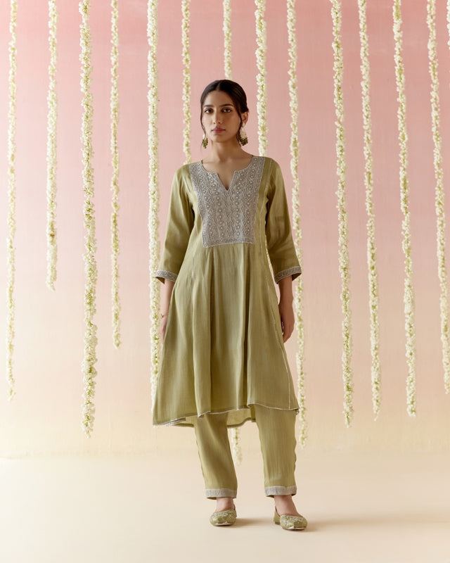 Moss Pearl Tissue Anarkali with
narrow Pants & Dupatta - Set of 3