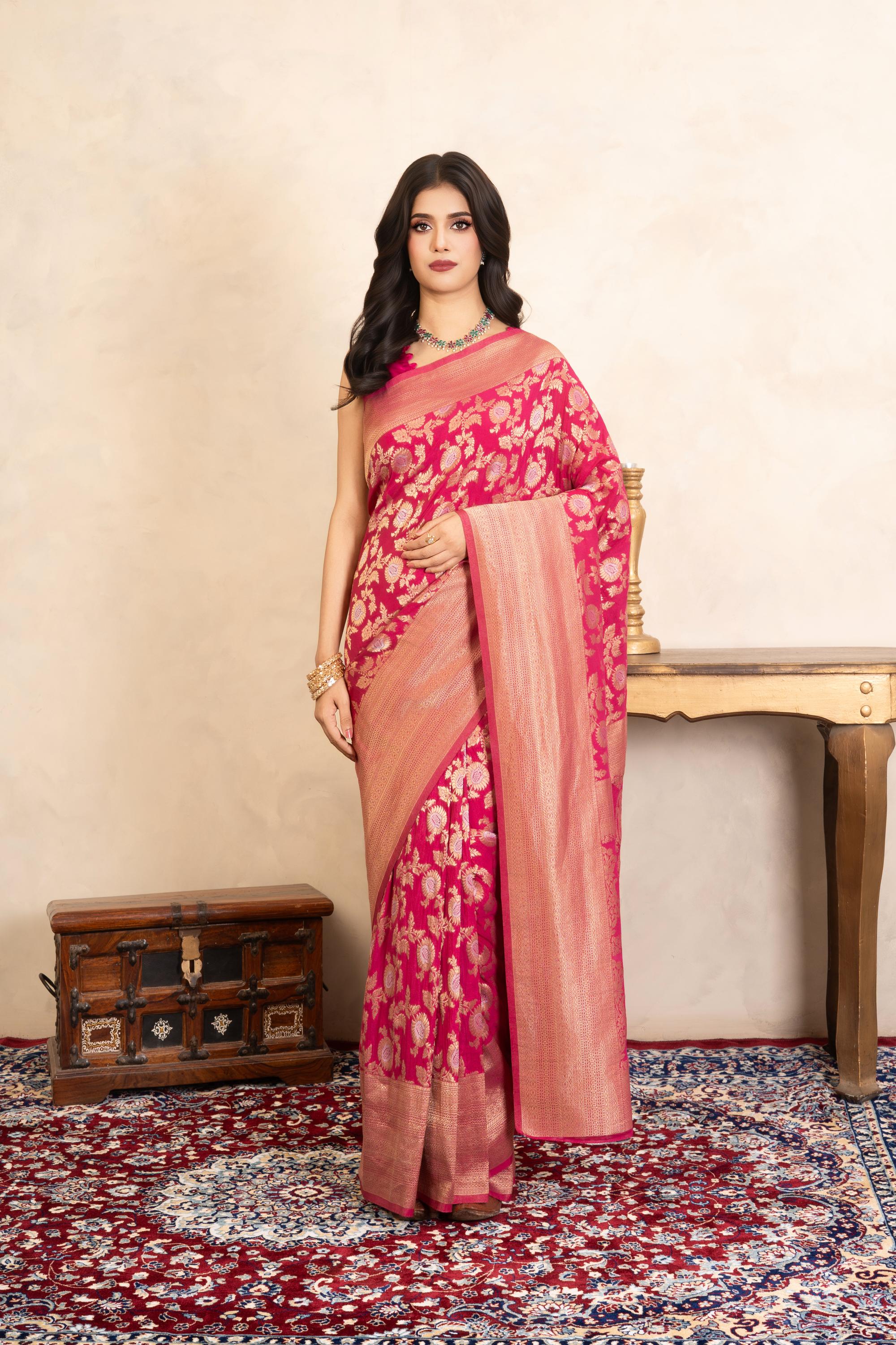 Rani Pink Pure Katan Banarasi Handloom Saree
