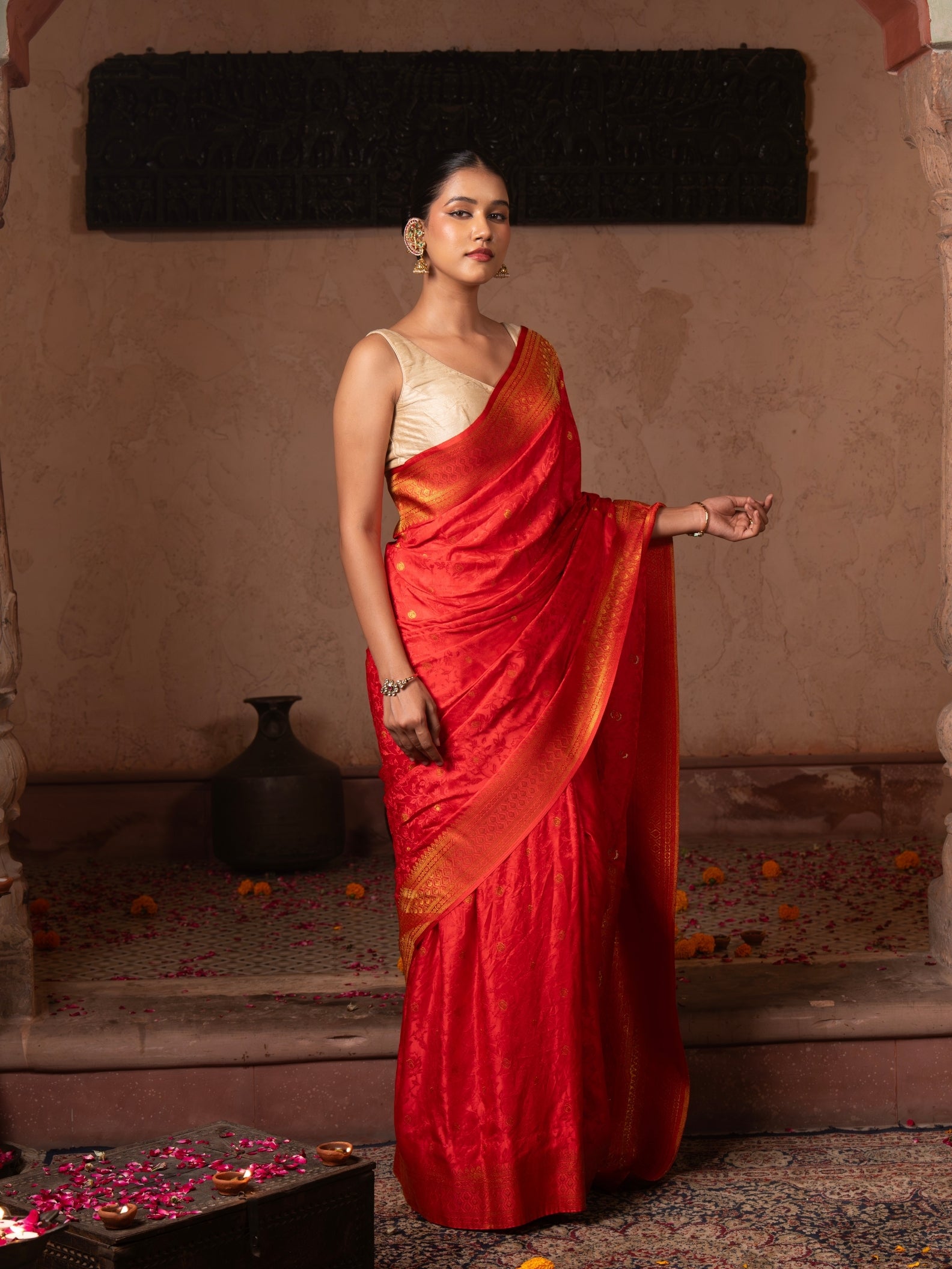 Cherry Red Pure Katan Silk Banarasi Handloom Saree