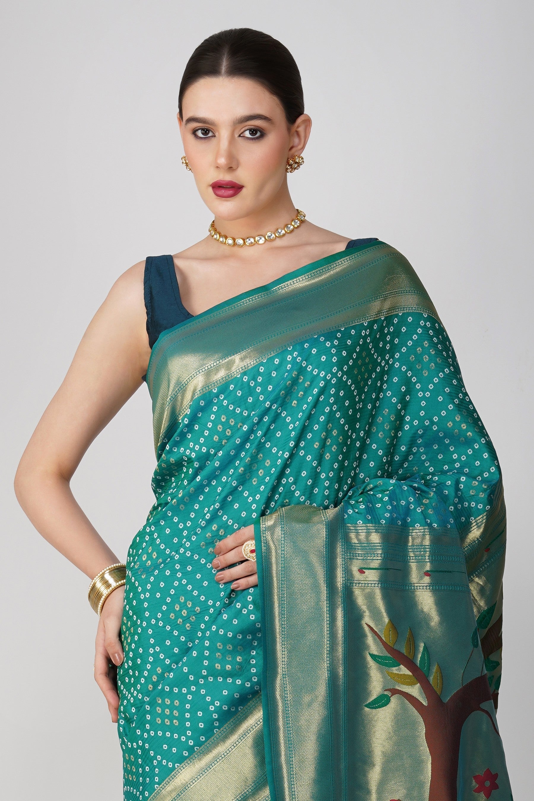 Blue Pure Silk Paithani Bandhej work Saree
