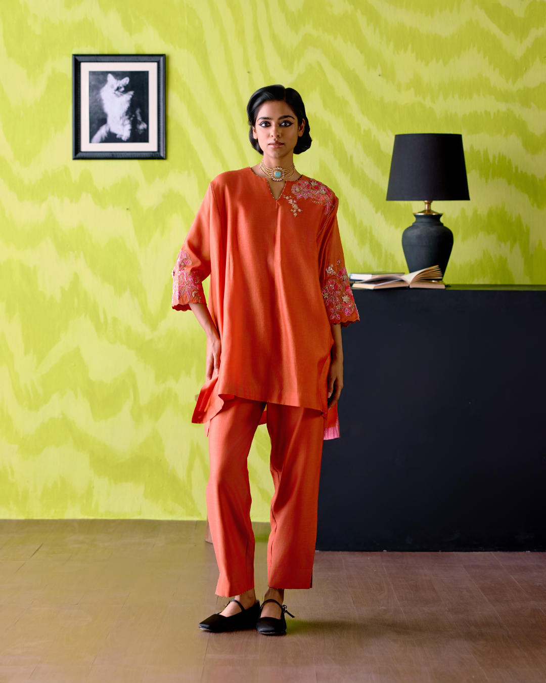 Rust Orange Panelled Short Kaftan Set