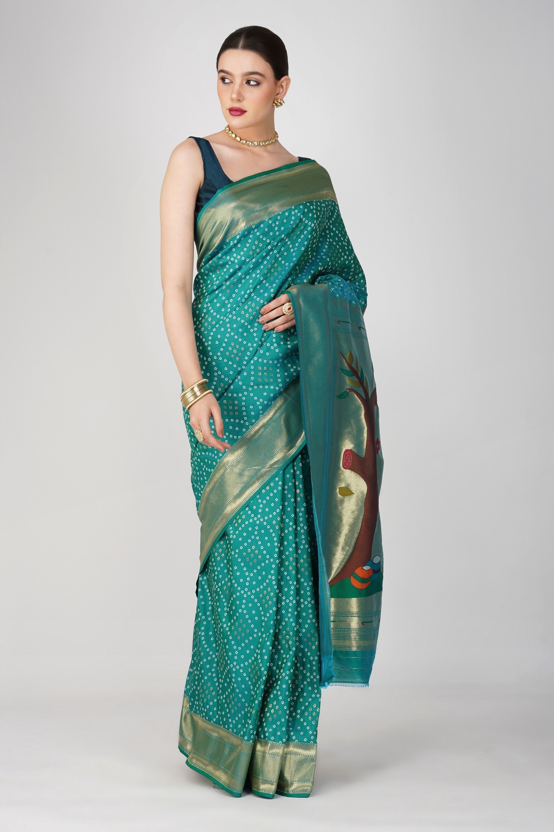 Blue Pure Silk Paithani Bandhej work Saree