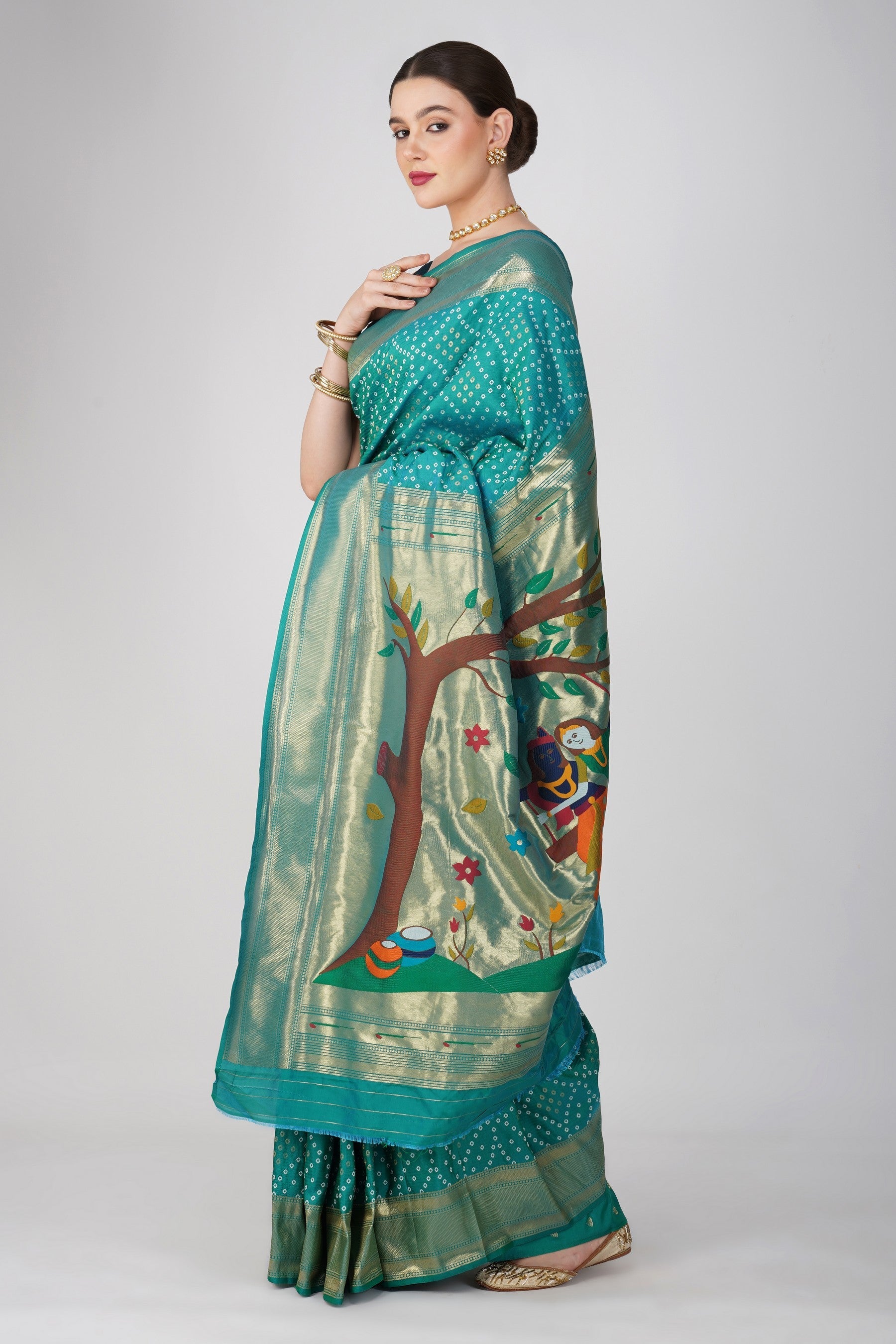 Blue Pure Silk Paithani Bandhej work Saree