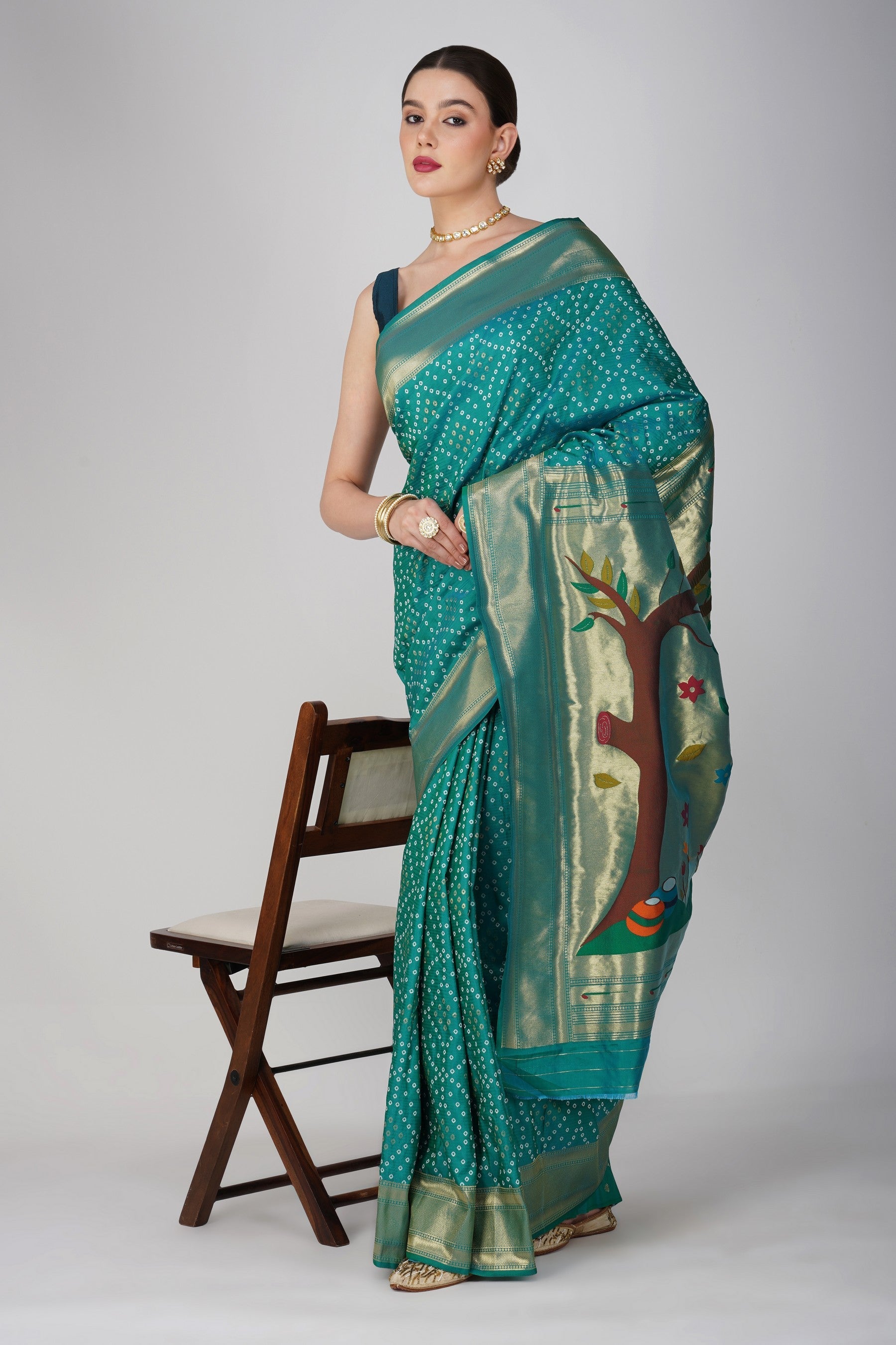 Blue Pure Silk Paithani Bandhej work Saree