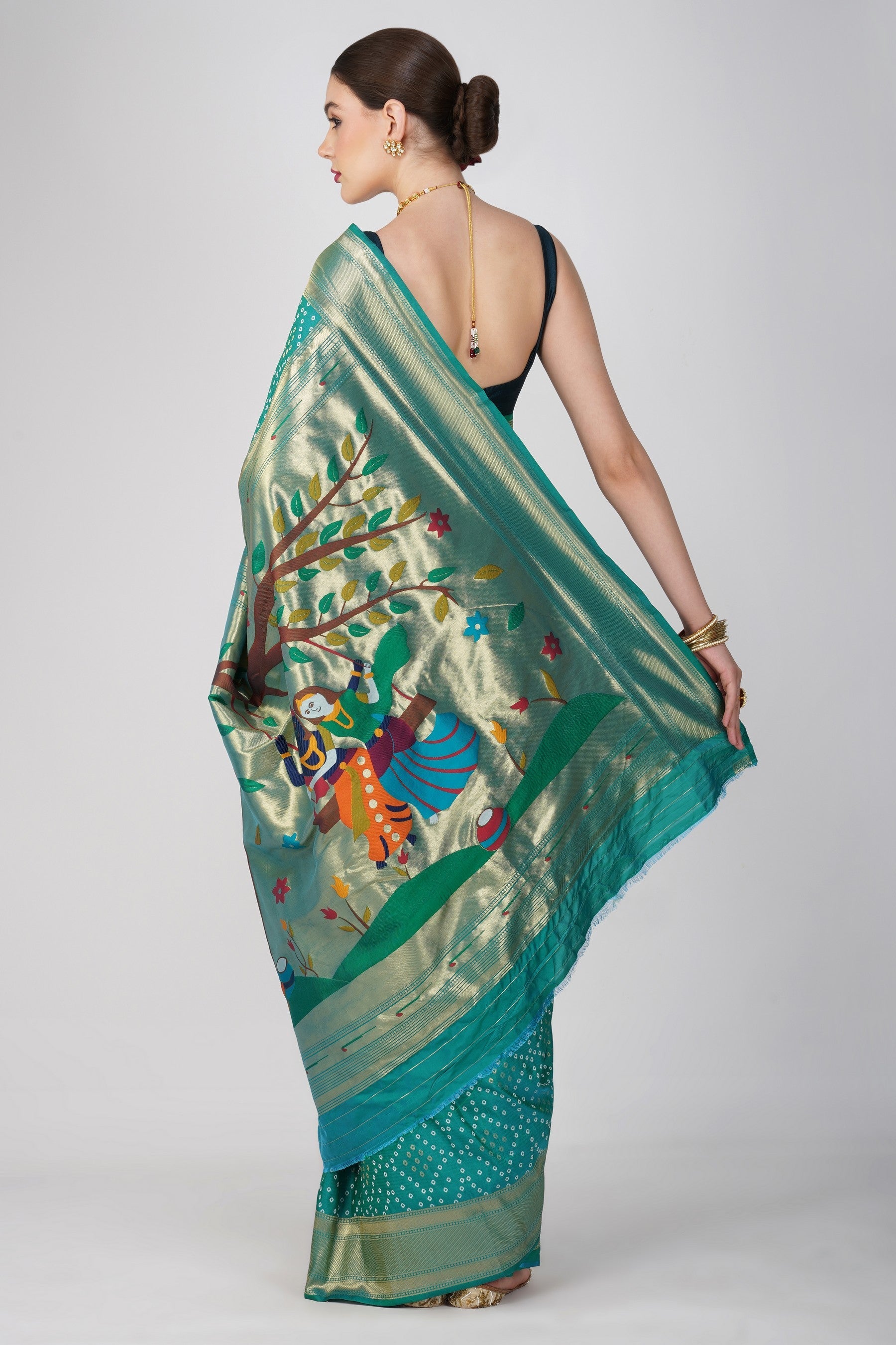 Blue Pure Silk Paithani Bandhej work Saree