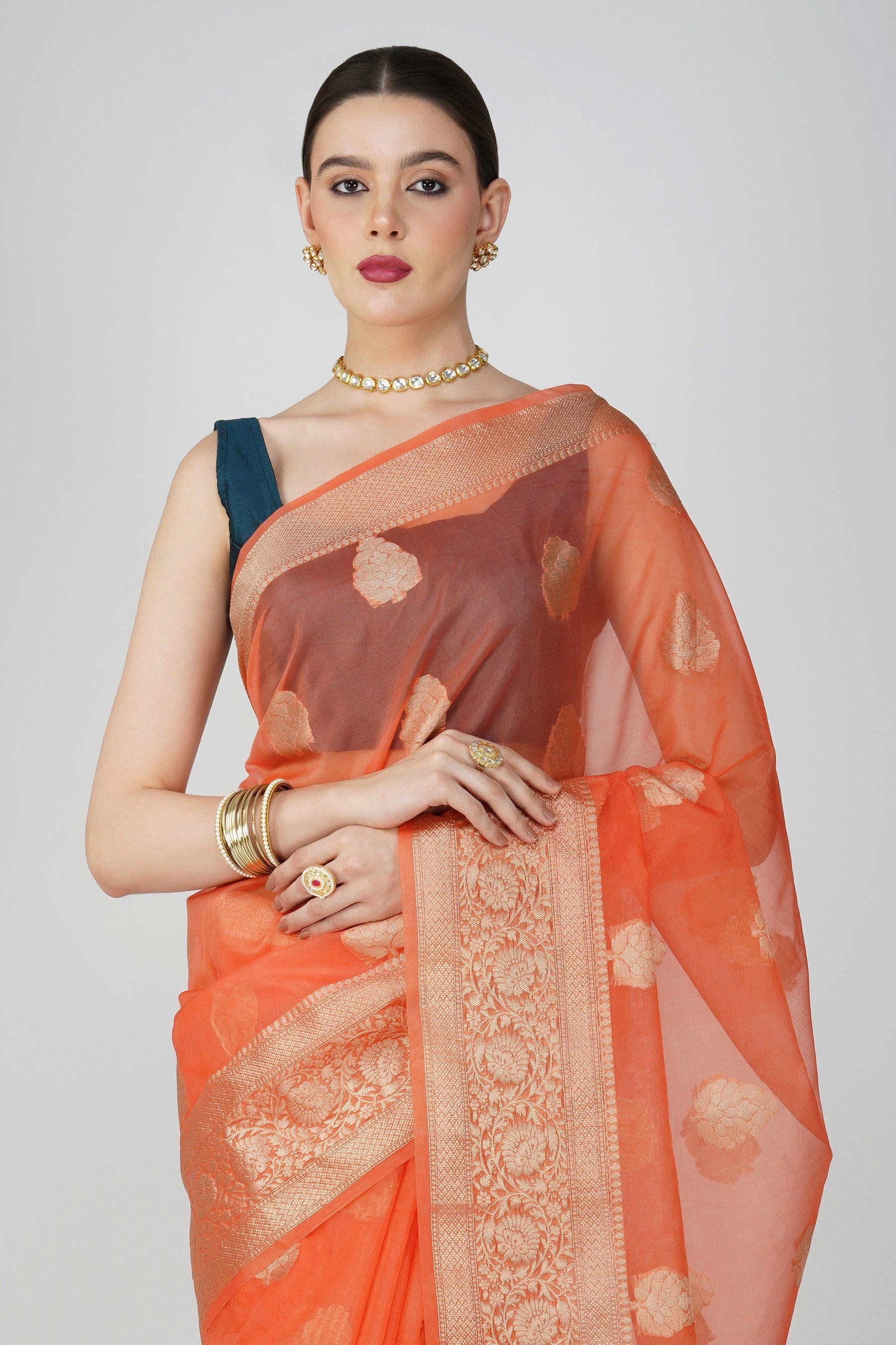 Peach Kora Organza Silk Banarasi Handloom Saree
