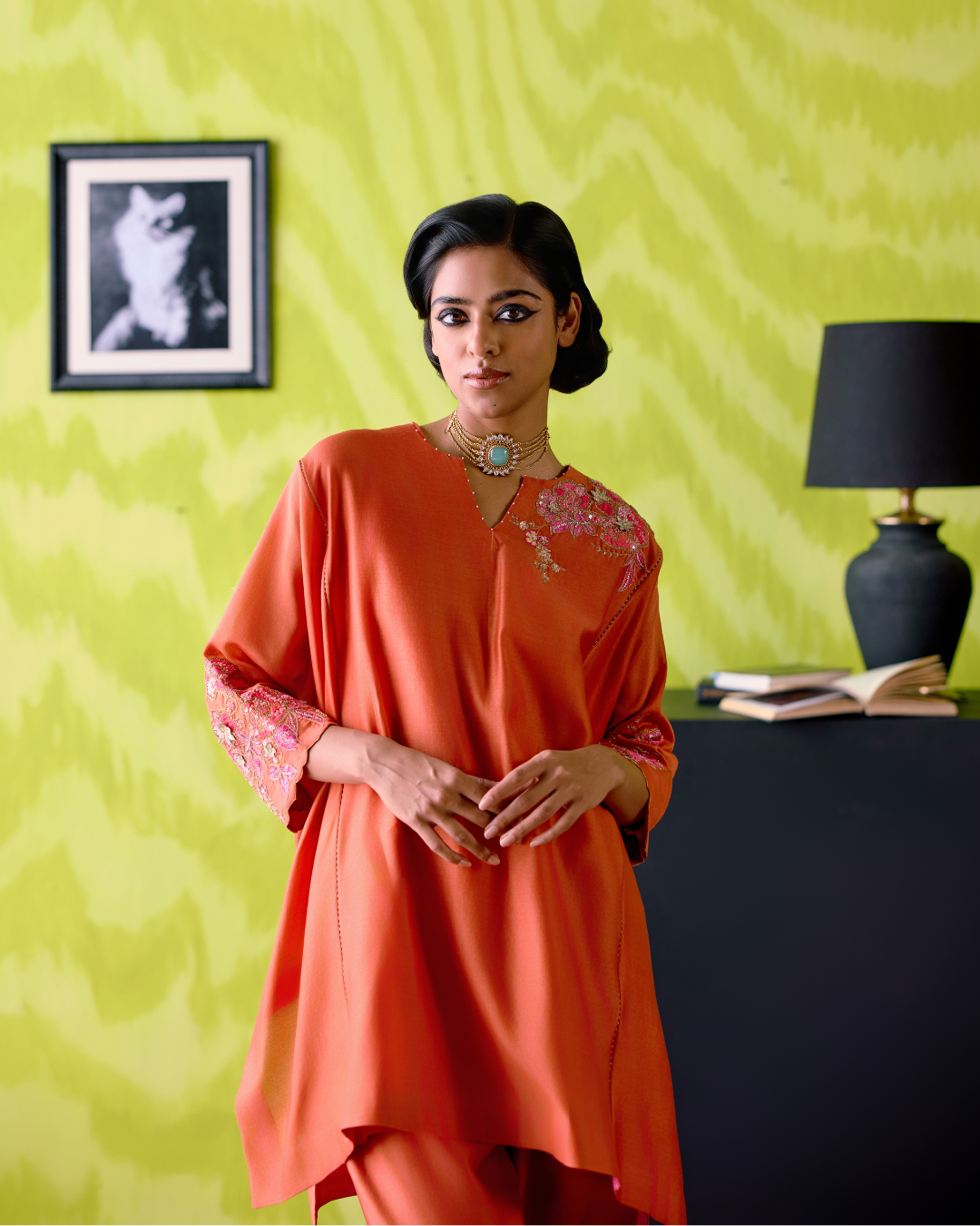Rust Orange Panelled Short Kaftan Set