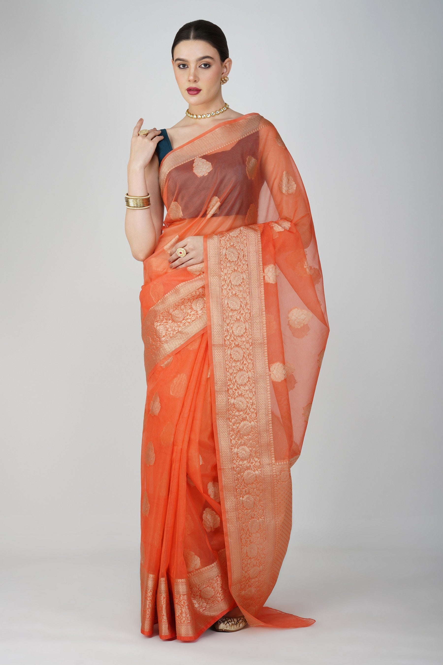 Peach Kora Organza Silk Banarasi Handloom Saree