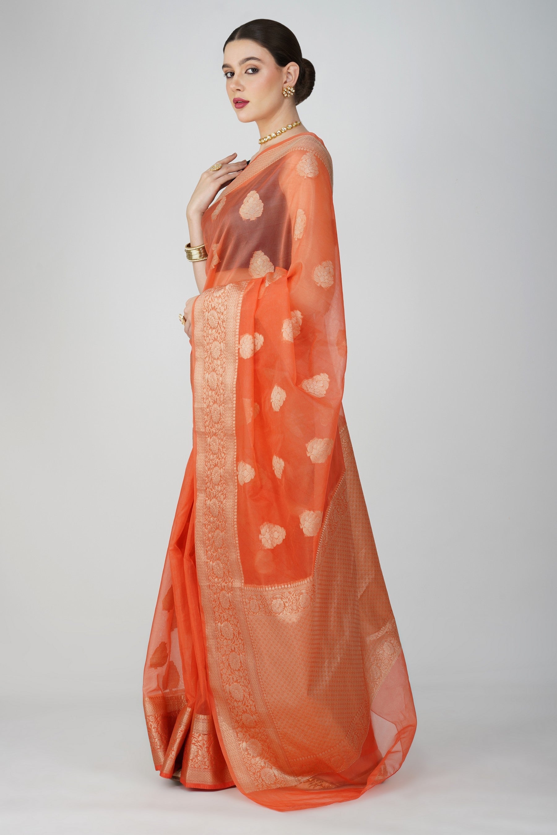 Peach Kora Organza Silk Banarasi Handloom Saree