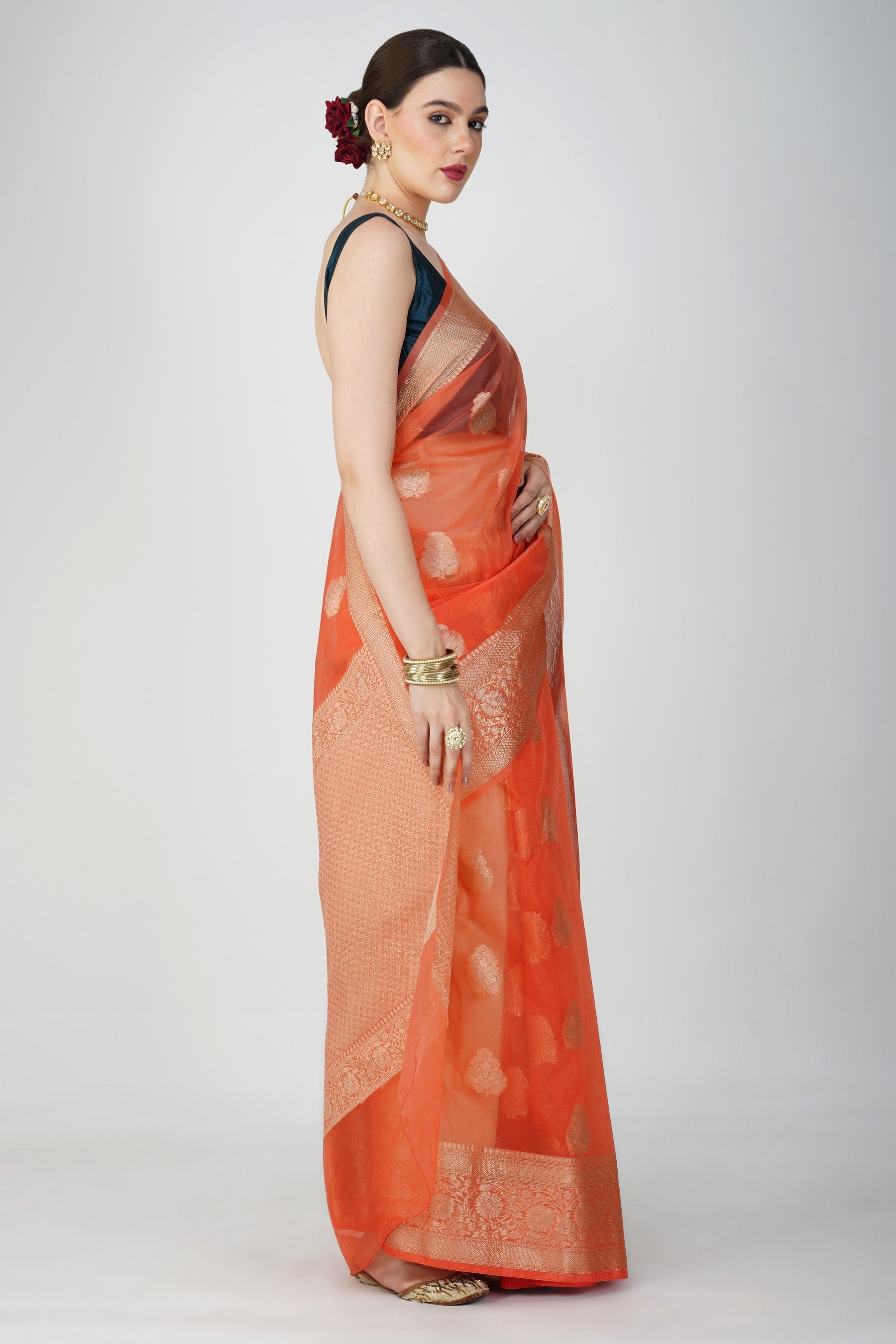 Peach Kora Organza Silk Banarasi Handloom Saree