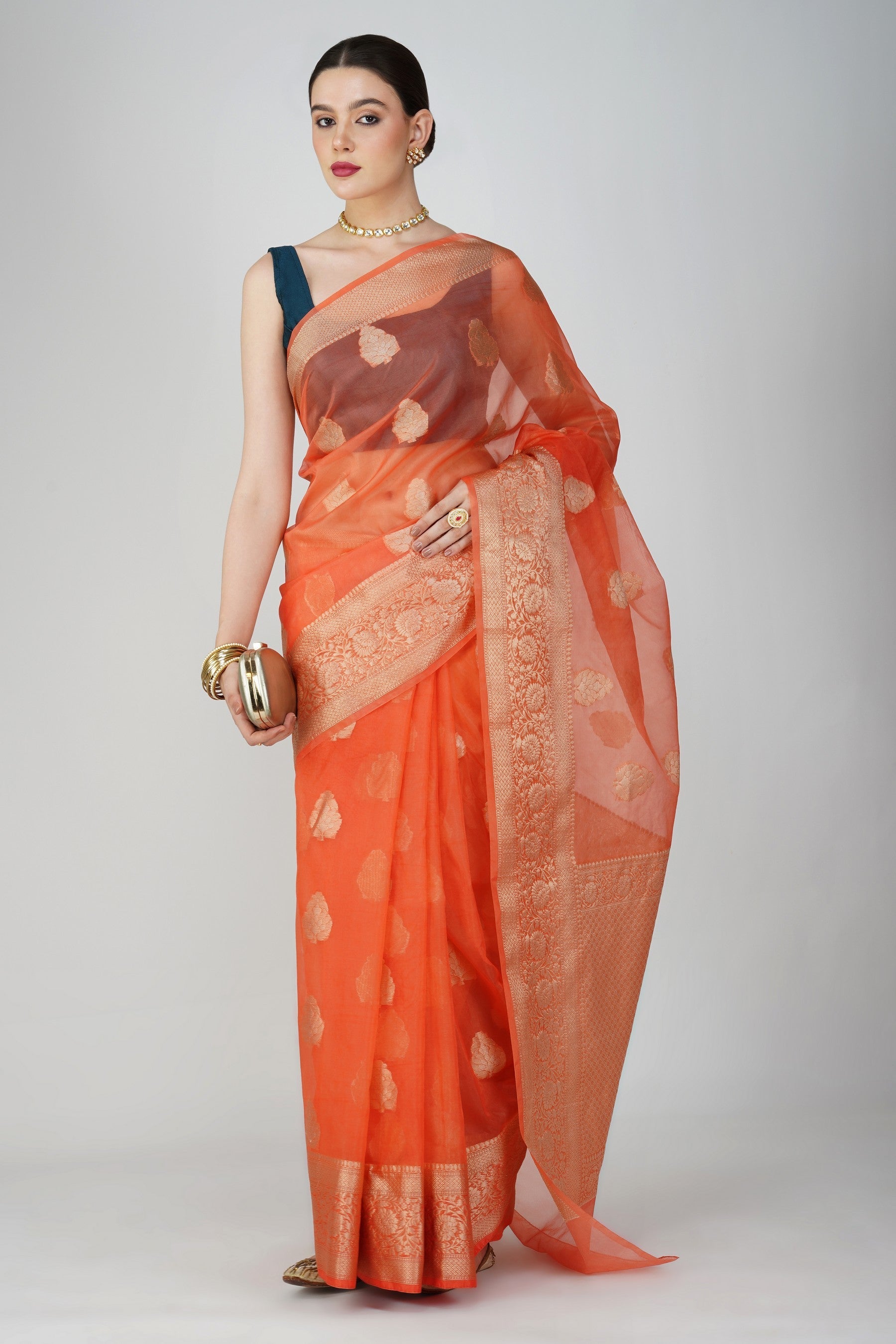 Peach Kora Organza Silk Banarasi Handloom Saree