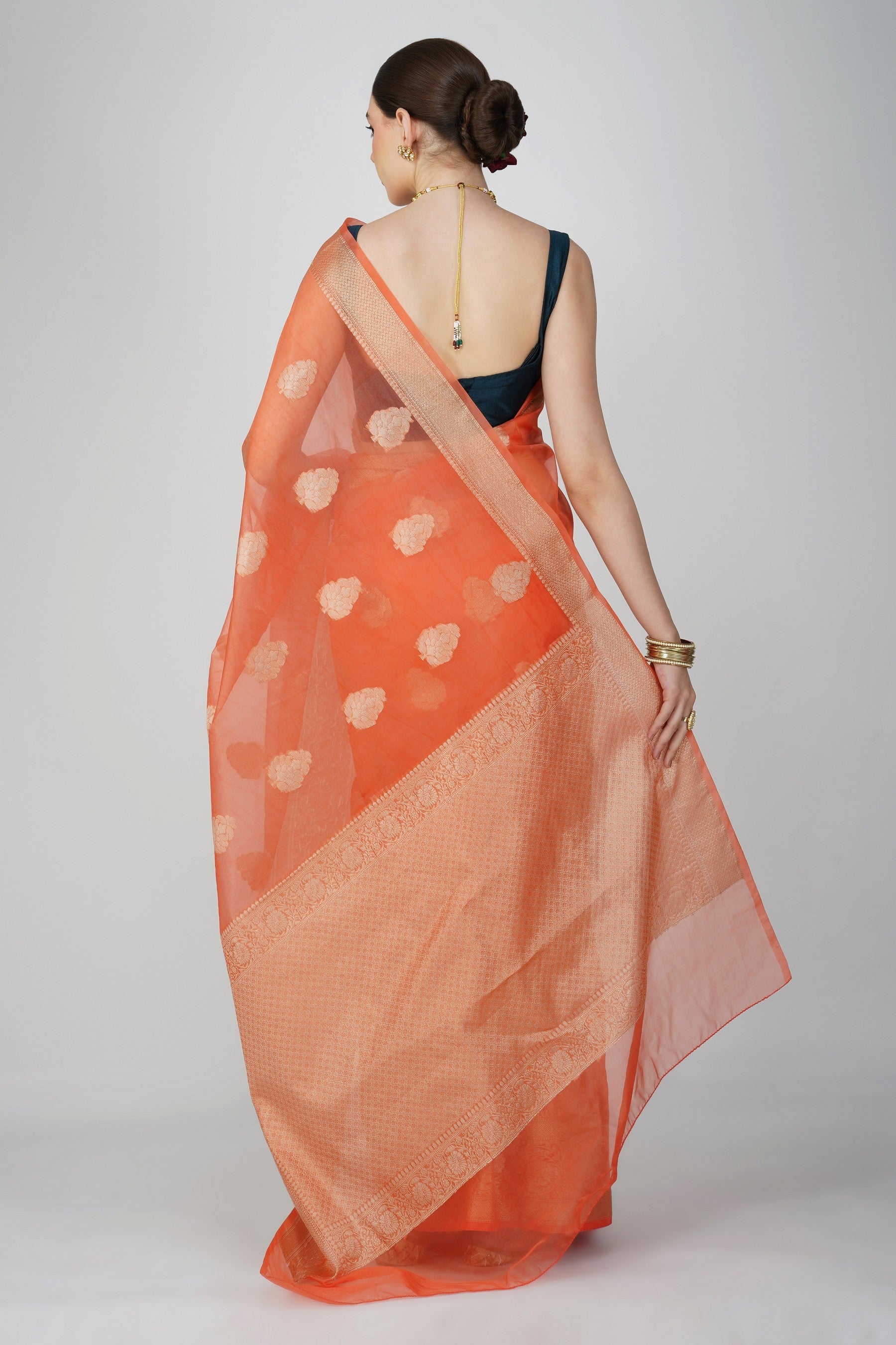 Peach Kora Organza Silk Banarasi Handloom Saree