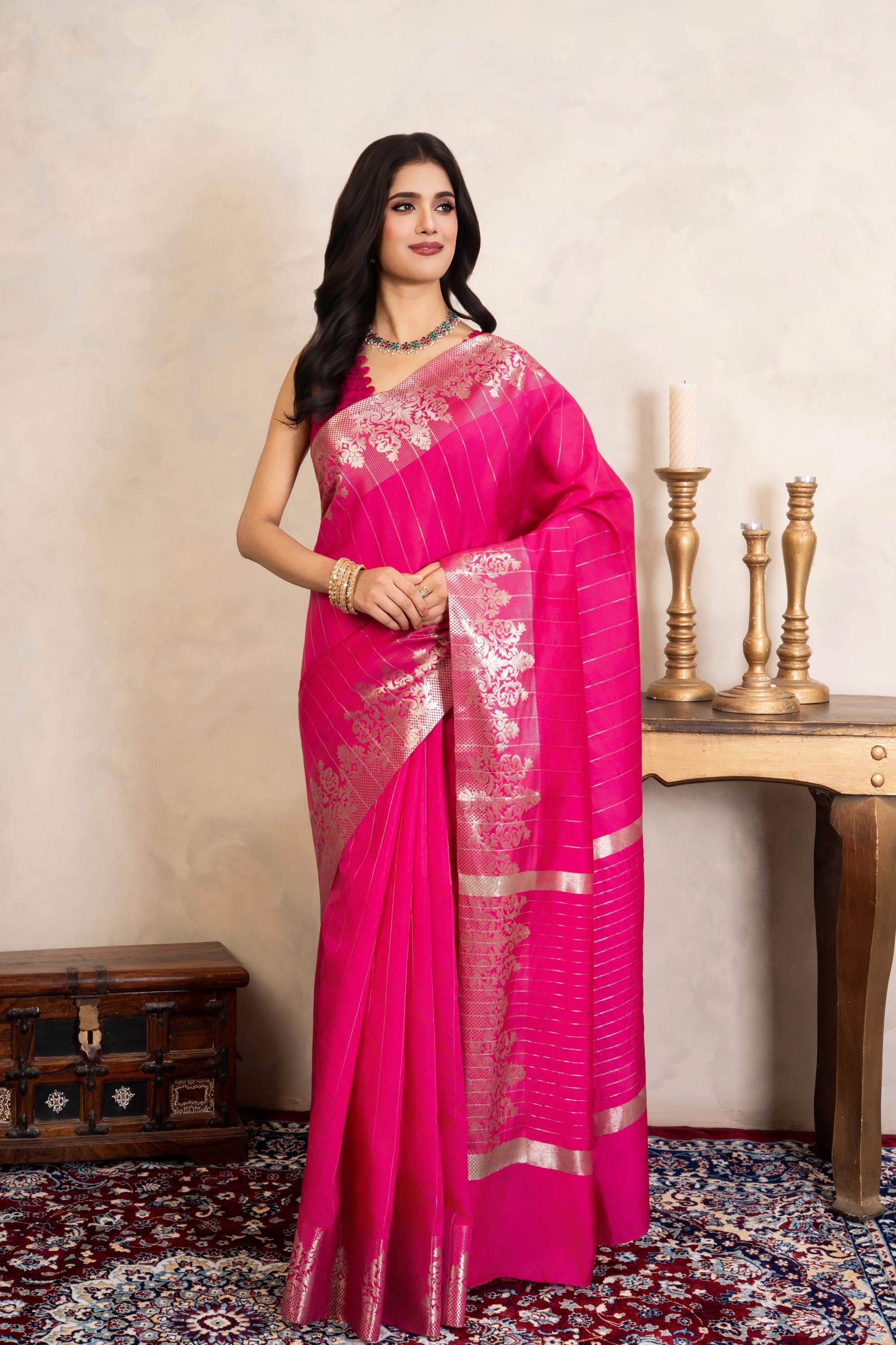 Rani Pink Pure Silk Banarasi Handloom Saree