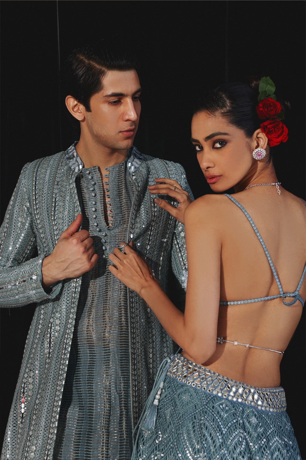 POWDER BLUE GEOMETRICAL MIRRORWORK JACKET