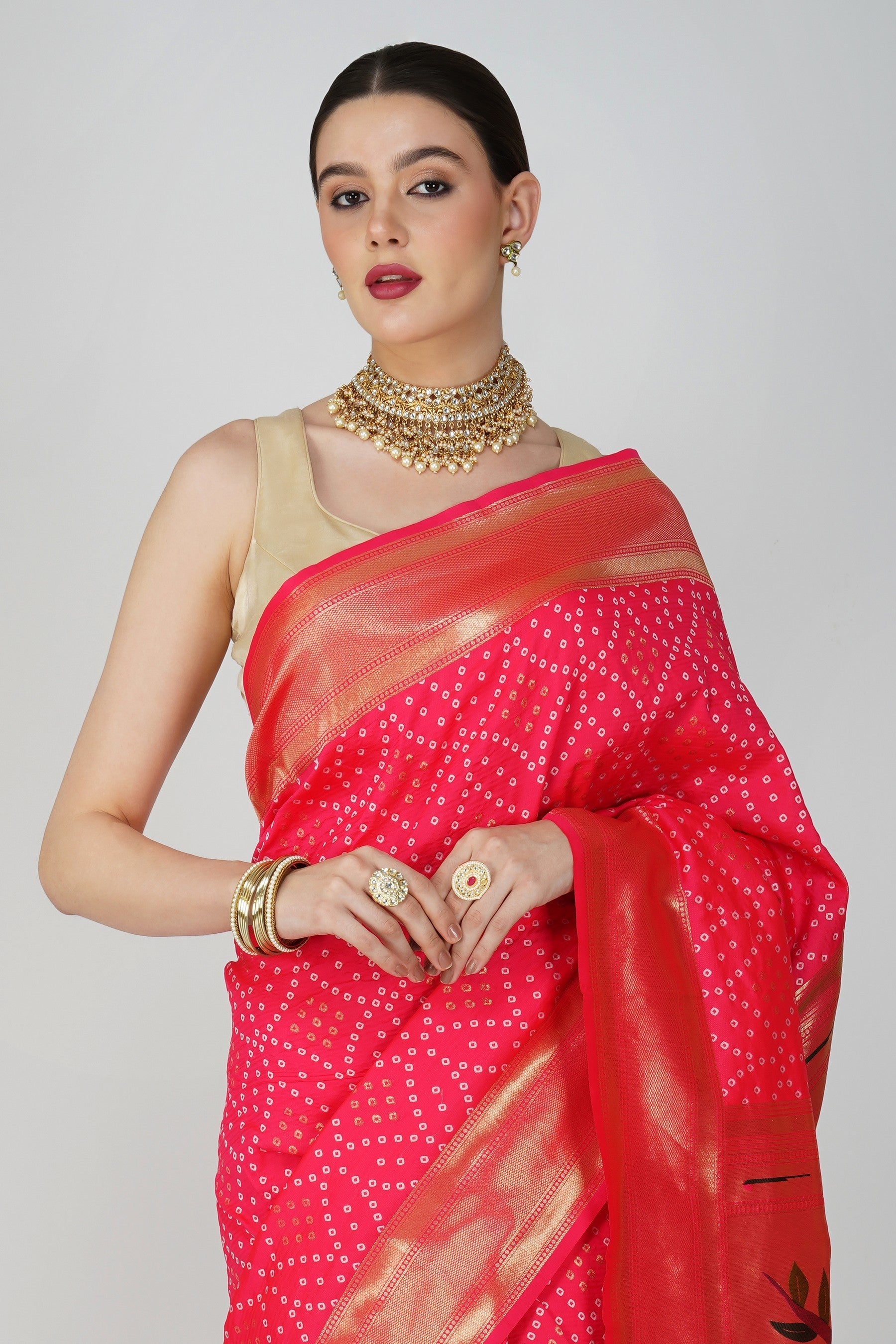 Pink Pure Silk Paithani Bandhej work Saree