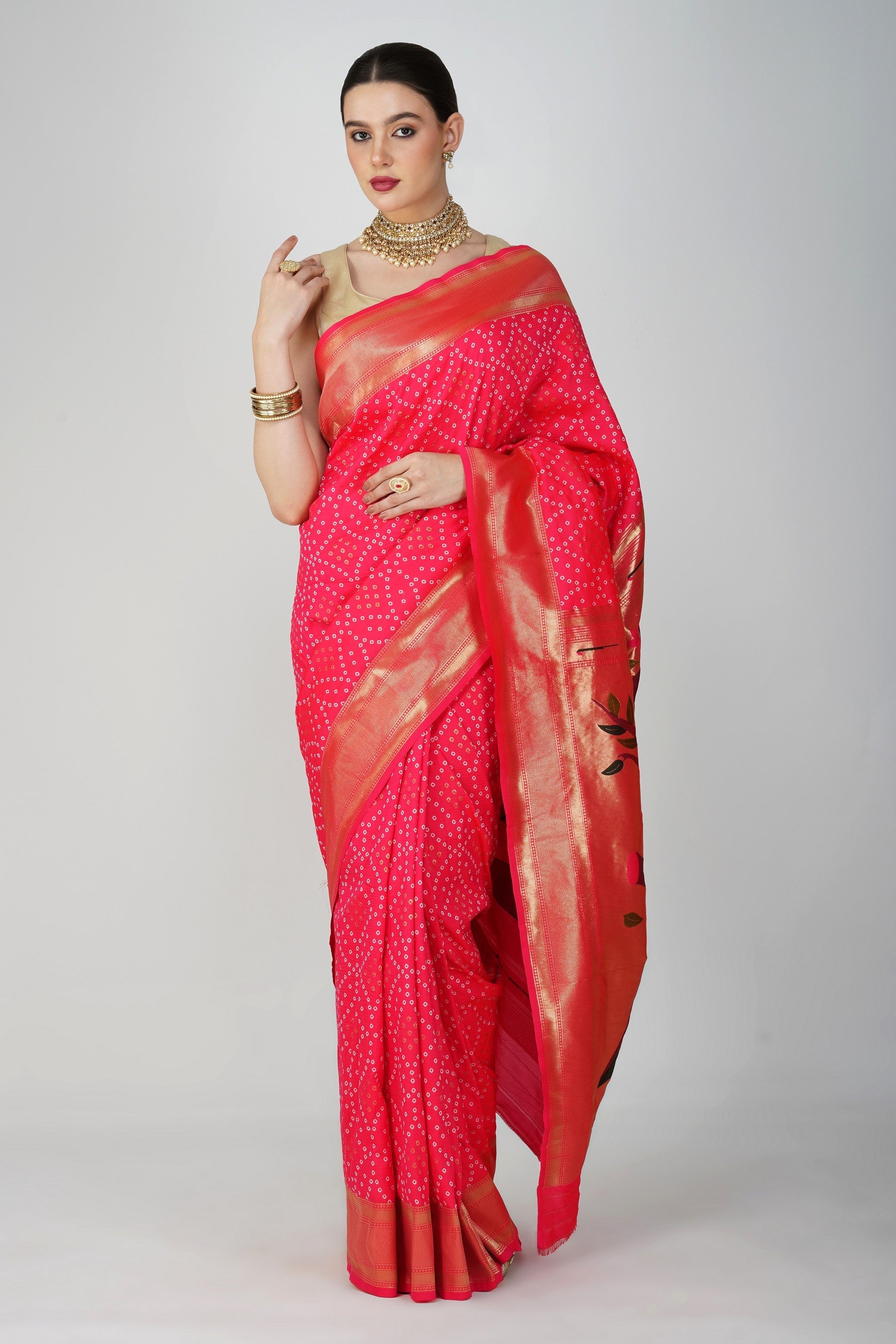 Pink Pure Silk Paithani Bandhej work Saree