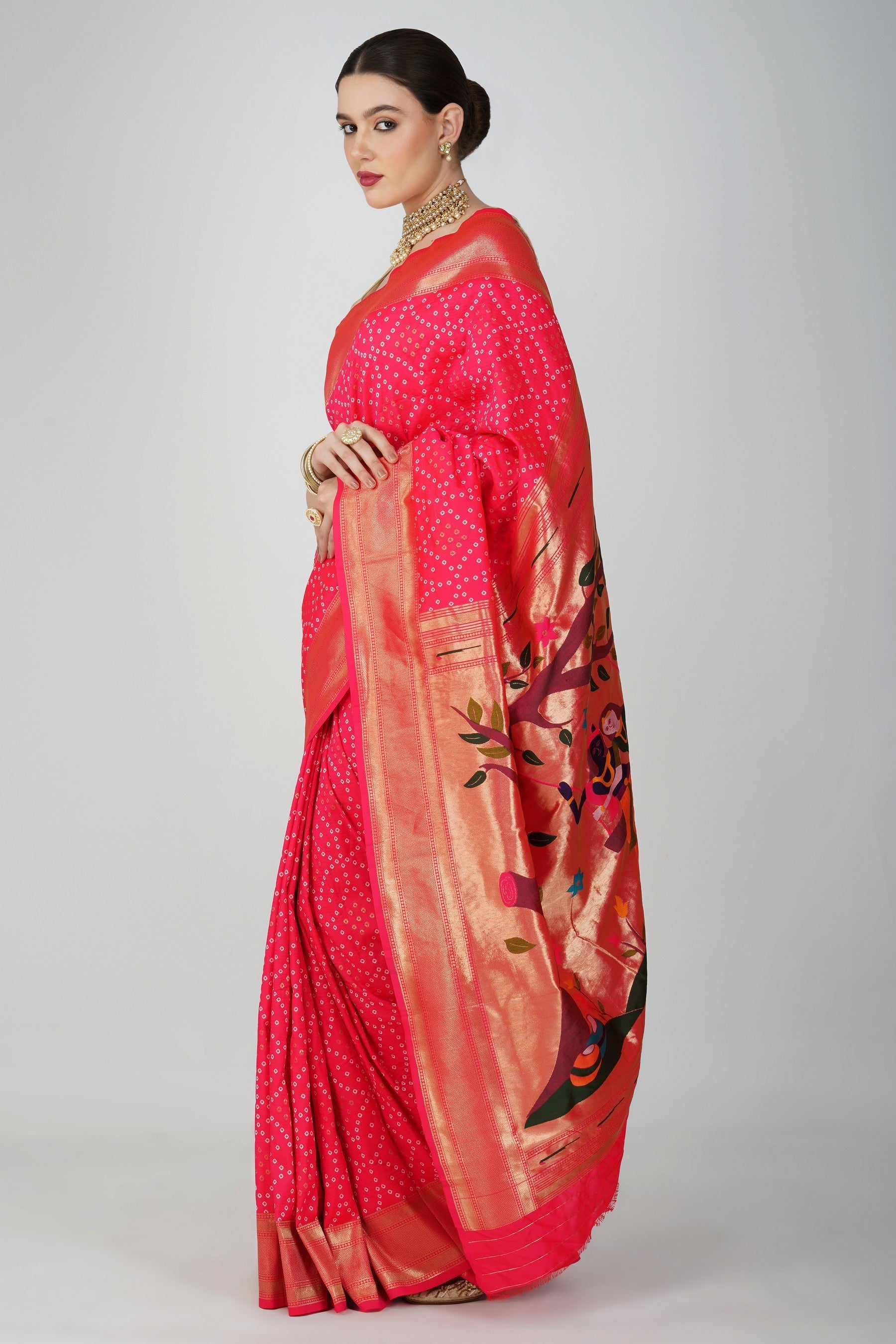 Pink Pure Silk Paithani Bandhej work Saree