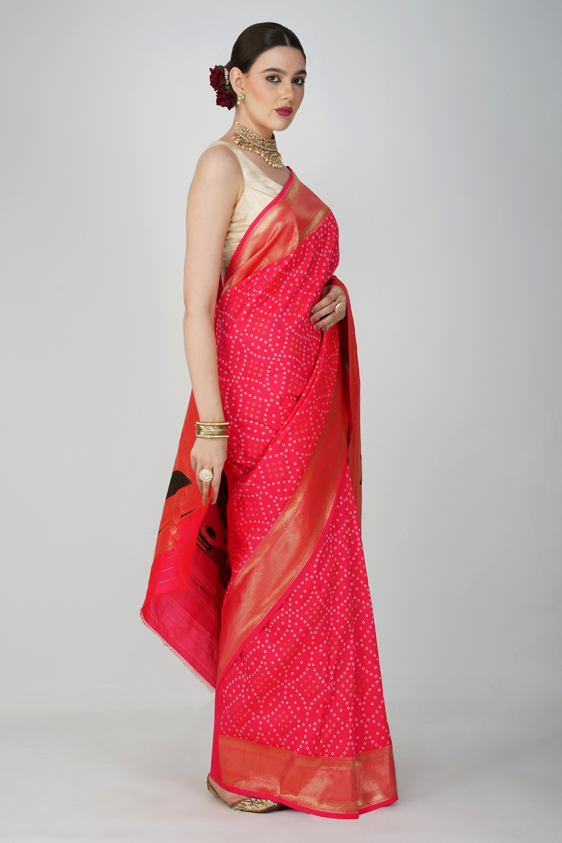 Pink Pure Silk Paithani Bandhej work Saree
