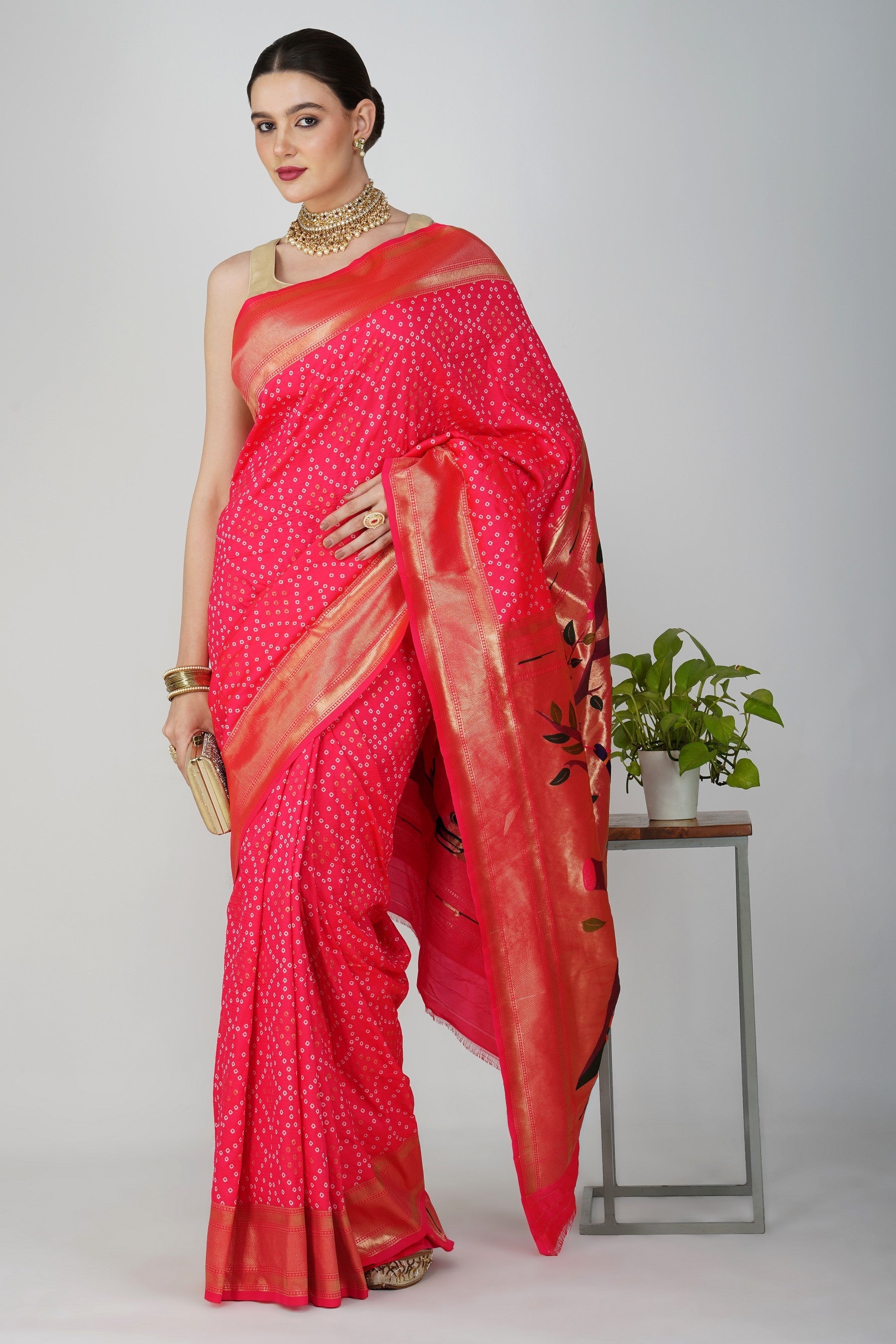 Pink Pure Silk Paithani Bandhej work Saree