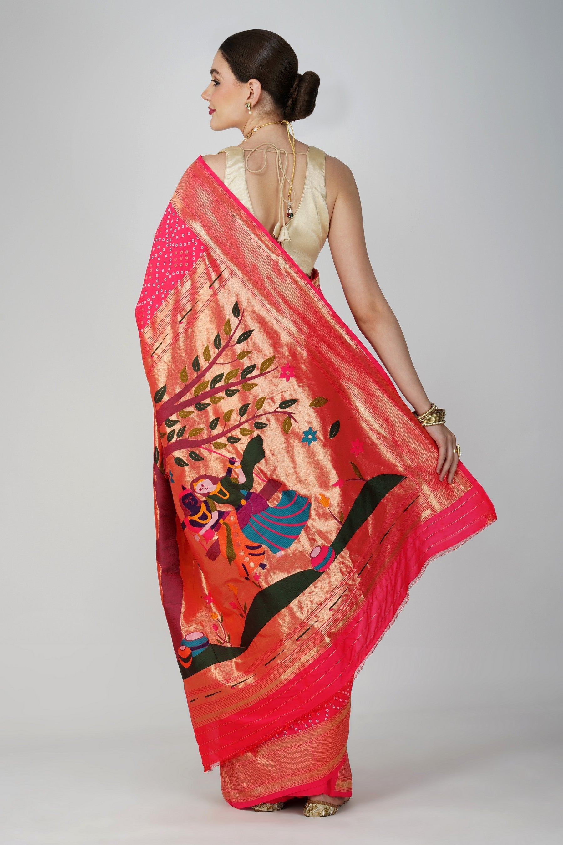 Pink Pure Silk Paithani Bandhej work Saree