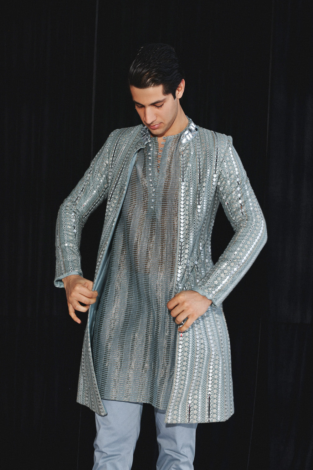 POWDER BLUE GEOMETRICAL MIRRORWORK JACKET