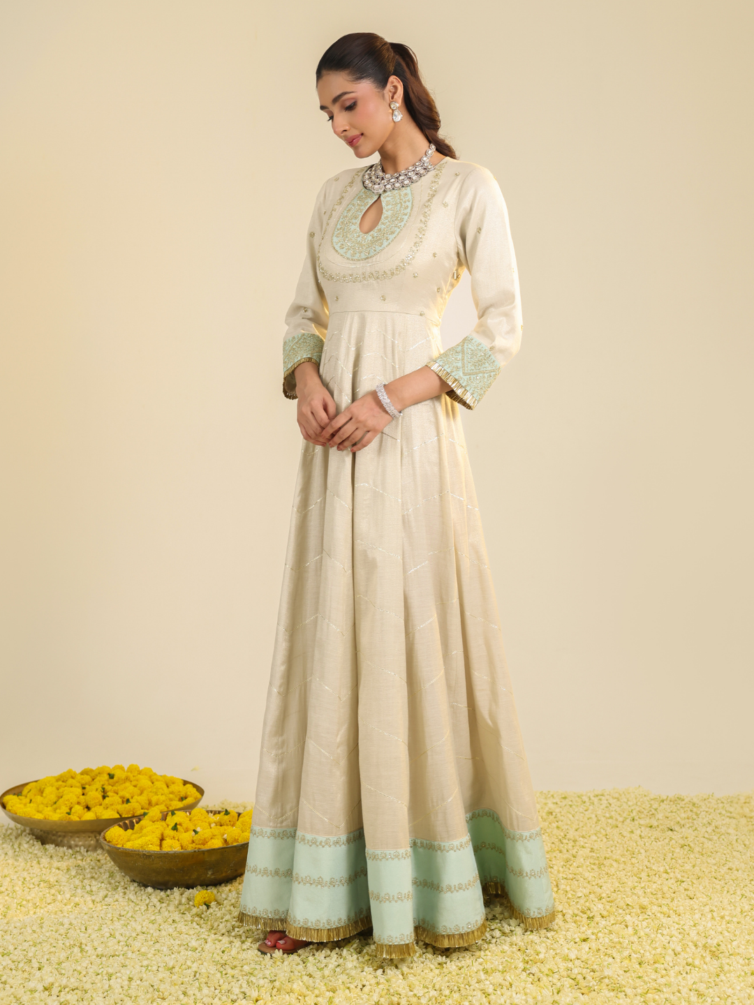 Off White Shimmer Tarini Anarkali Set