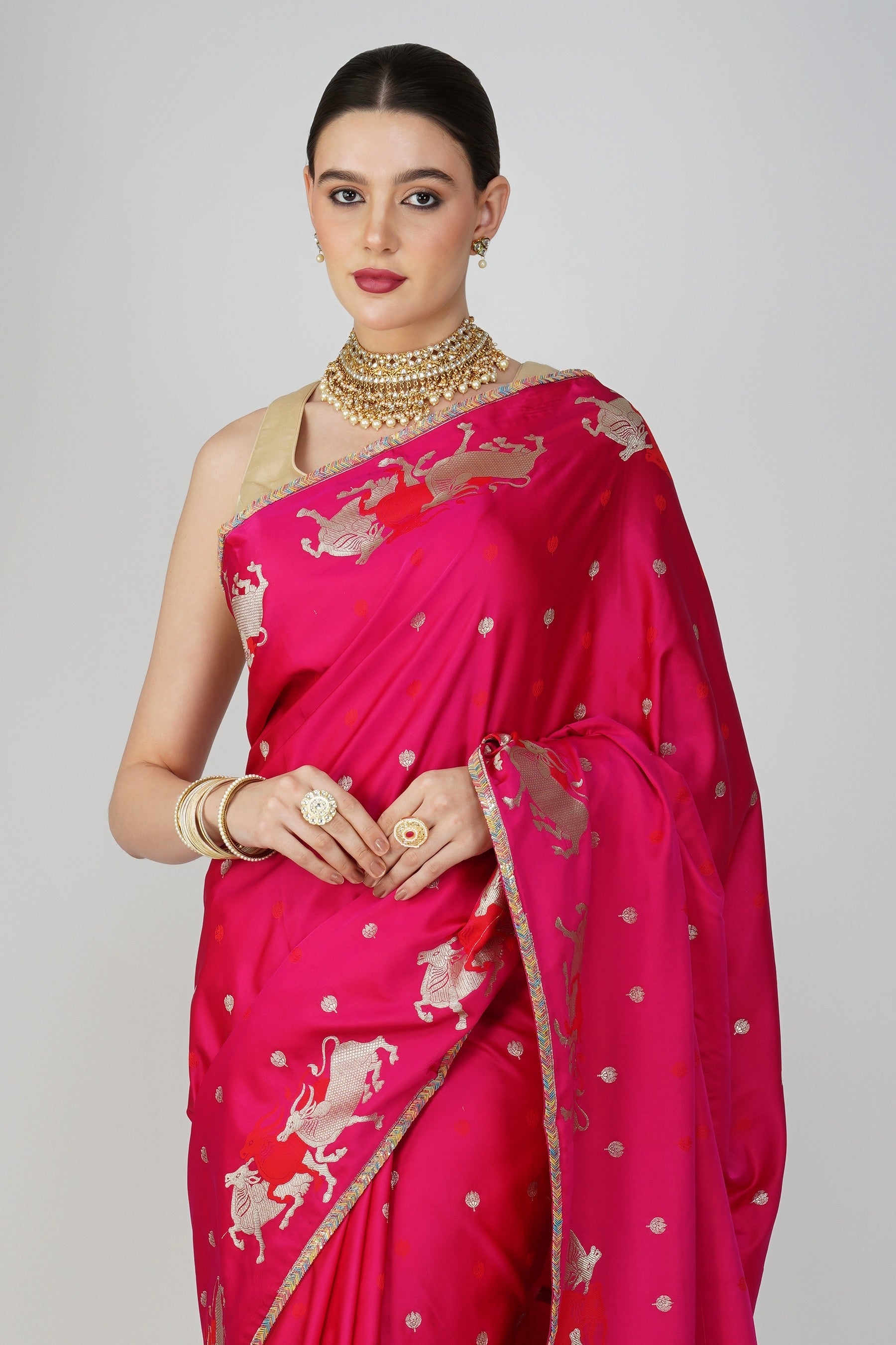 Hot Pink Pure Katan Silk banarasi handloom Saree