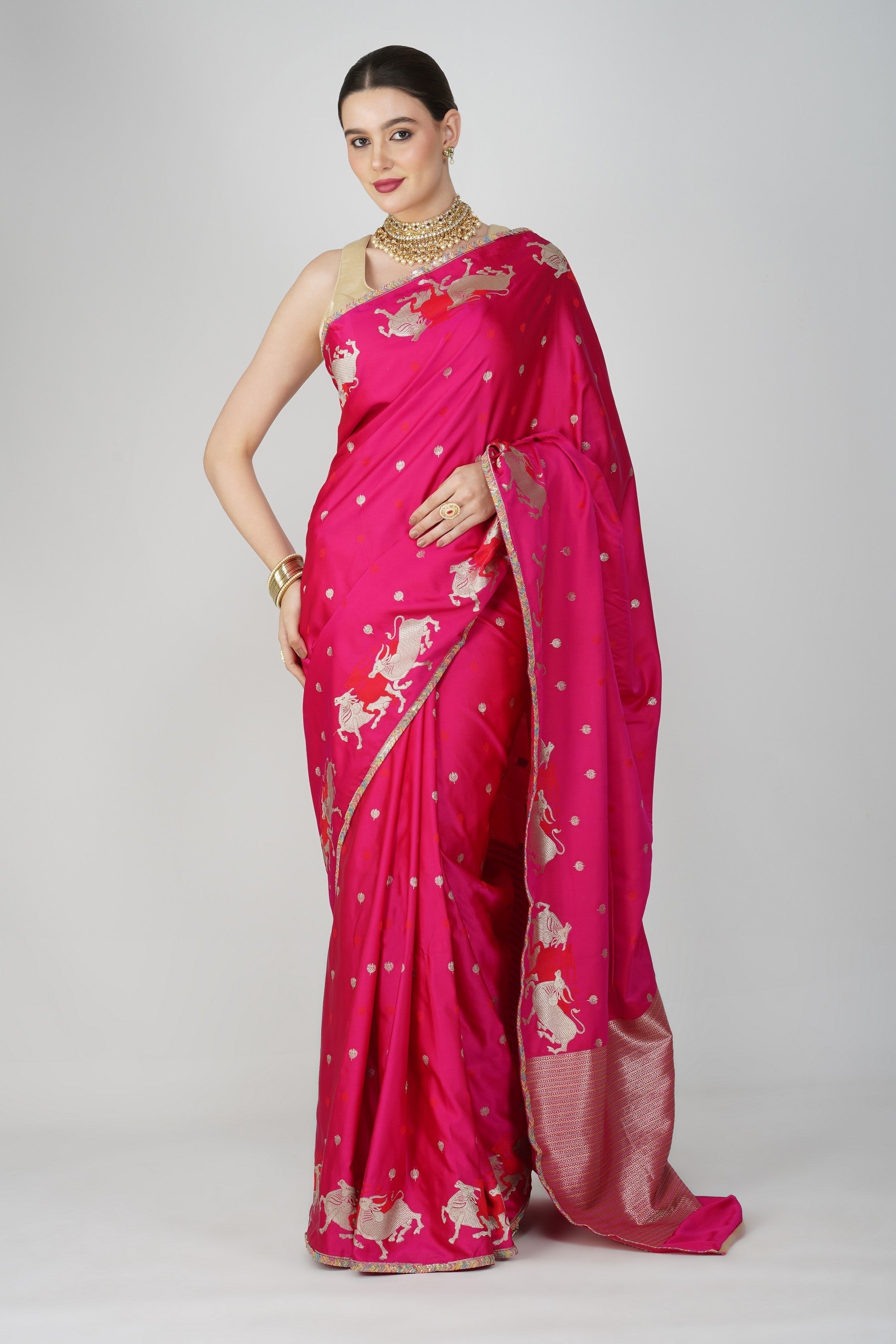 Hot Pink Pure Katan Silk banarasi handloom Saree