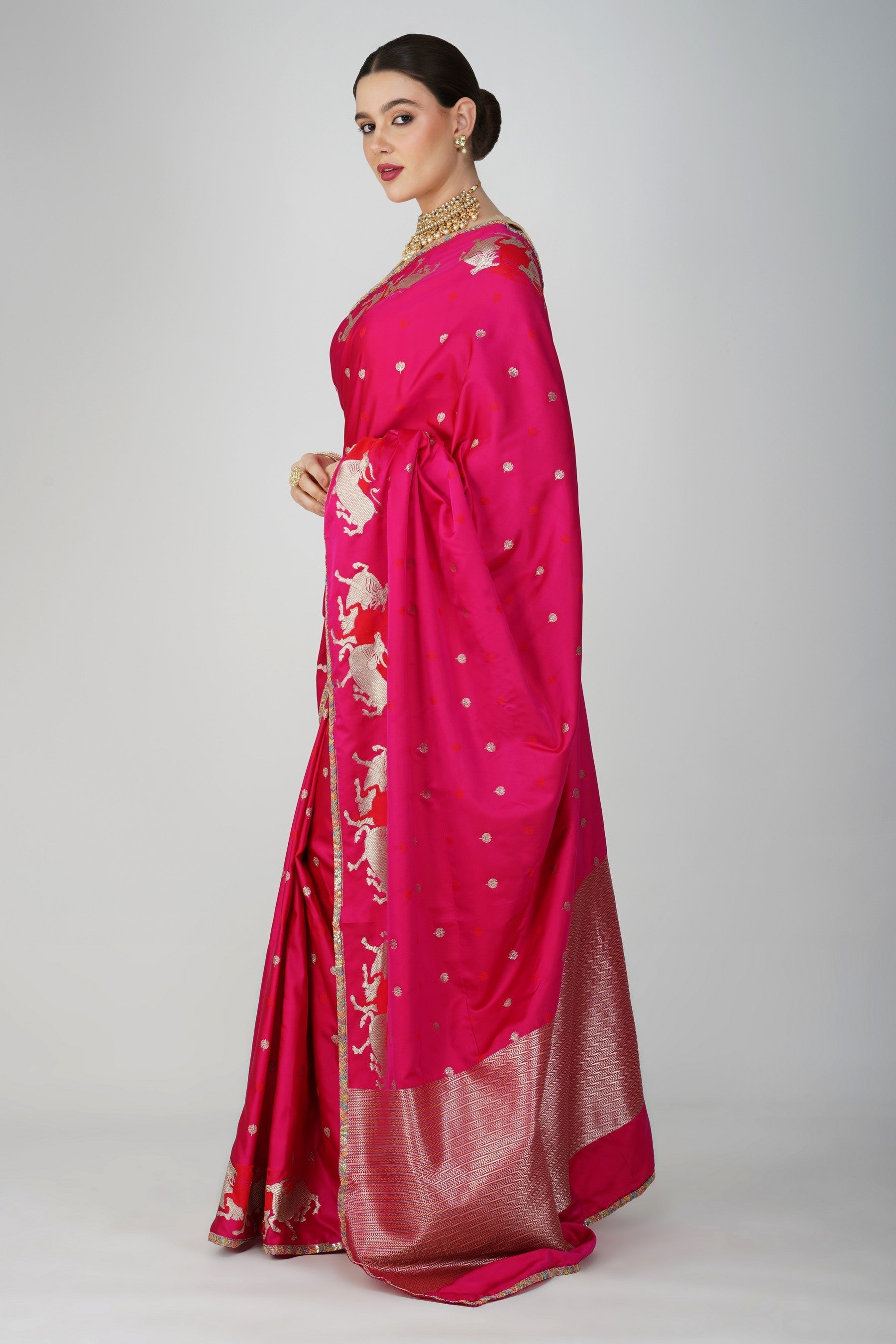 Hot Pink Pure Katan Silk banarasi handloom Saree