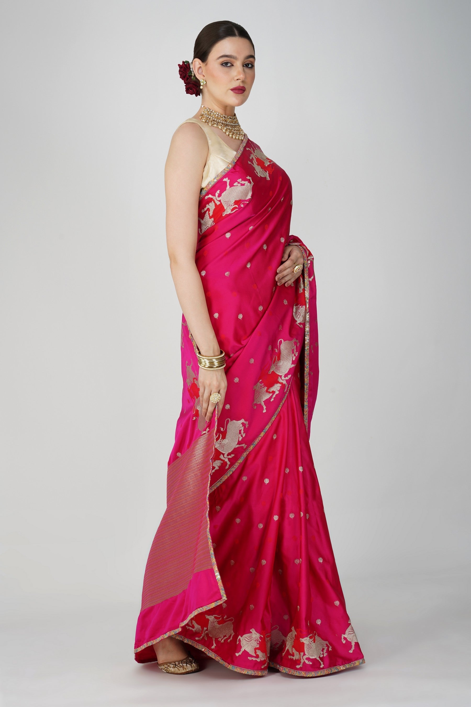Hot Pink Pure Katan Silk banarasi handloom Saree