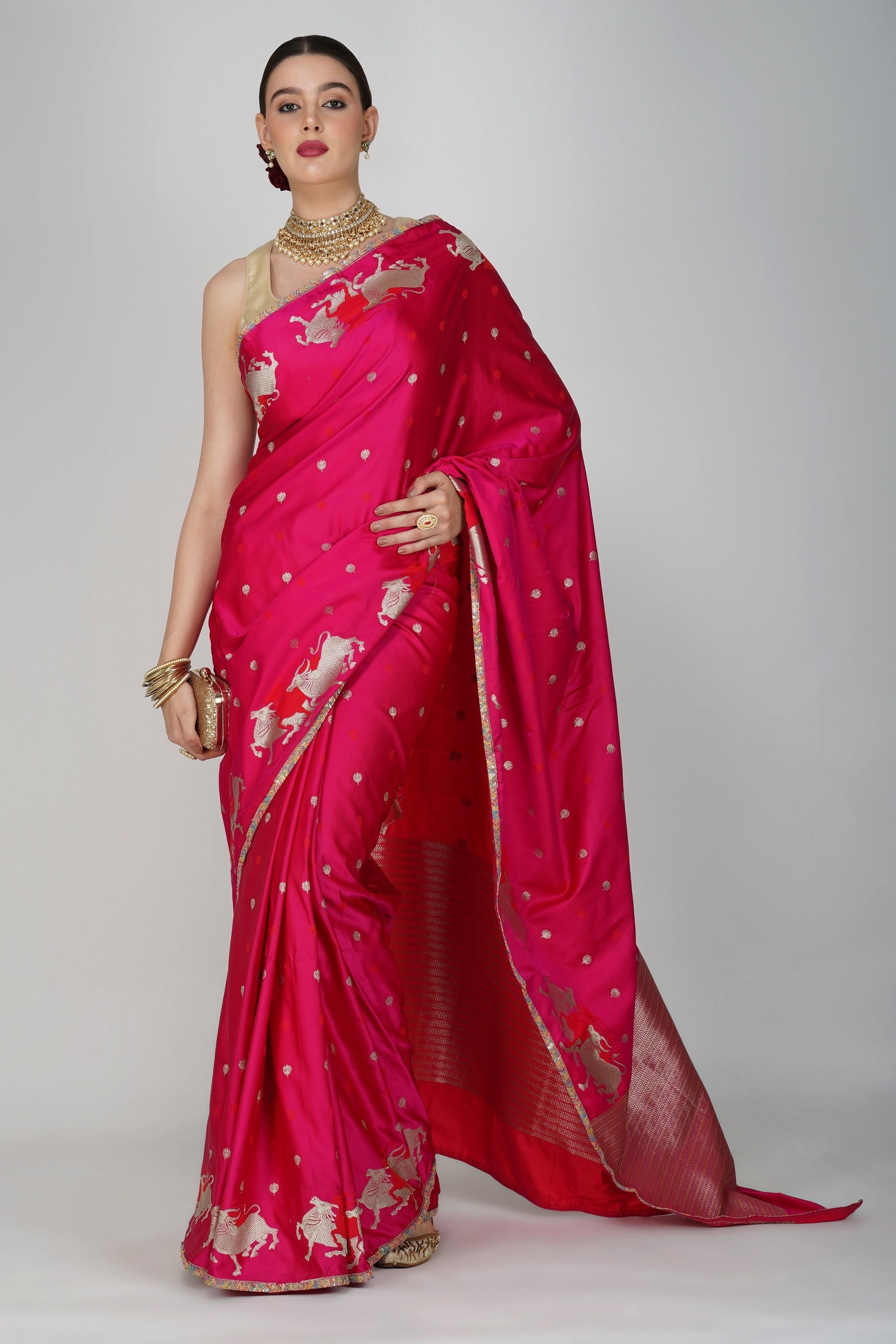 Hot Pink Pure Katan Silk banarasi handloom Saree