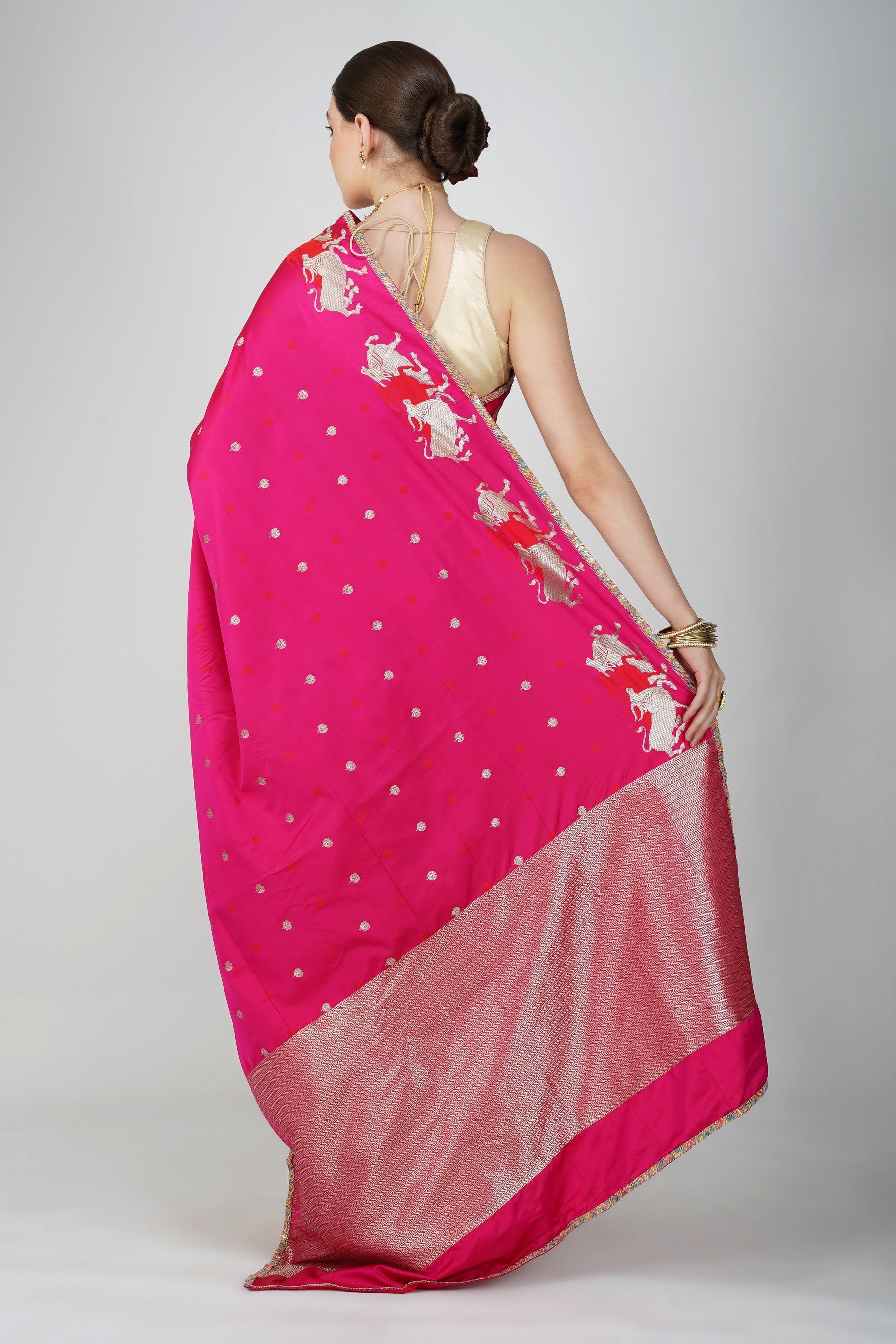 Hot Pink Pure Katan Silk banarasi handloom Saree