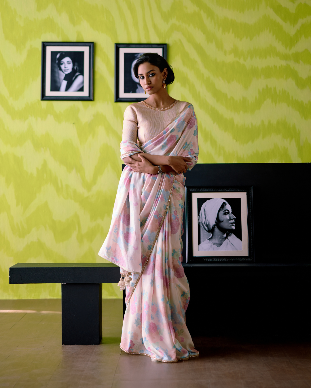 Ivory Floral Print Saree with Blouse