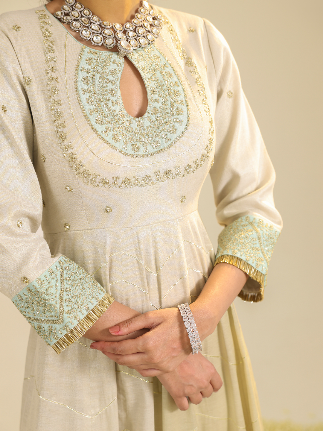 Off White Shimmer Tarini Anarkali Set
