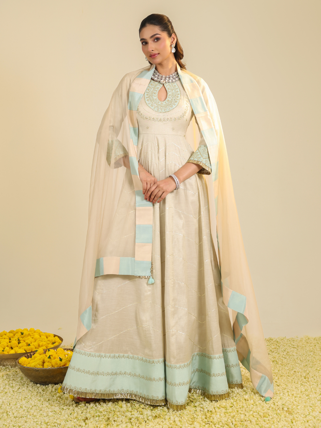 Off White Shimmer Tarini Anarkali Set