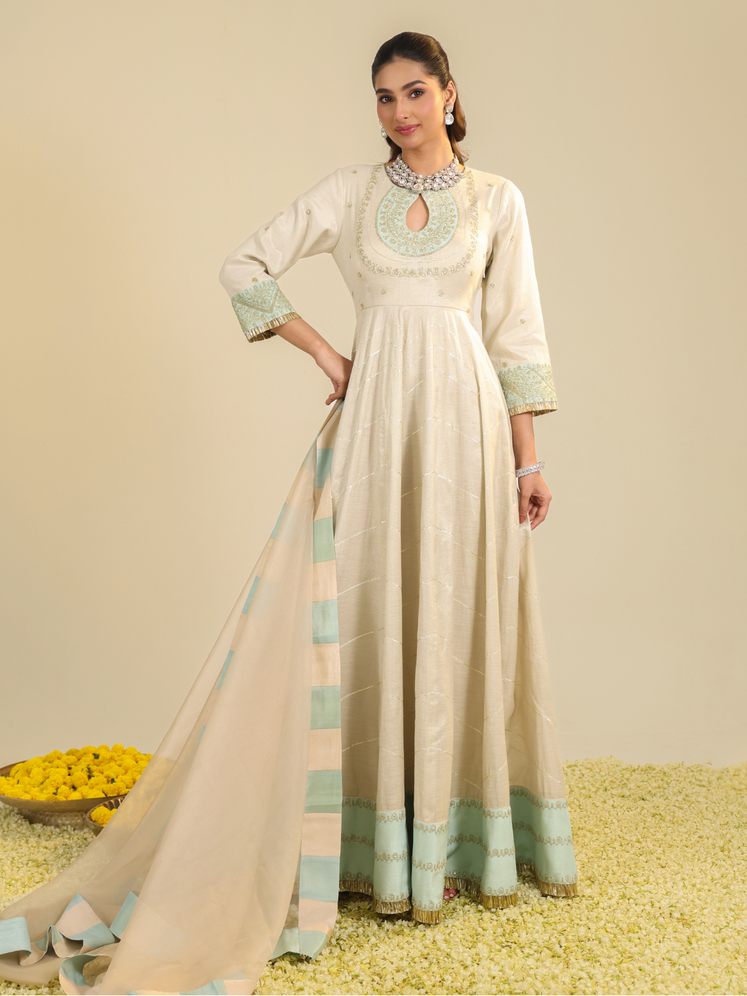 Off White Shimmer Tarini Anarkali Set