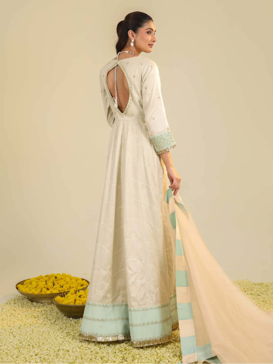 Off White Shimmer Tarini Anarkali Set