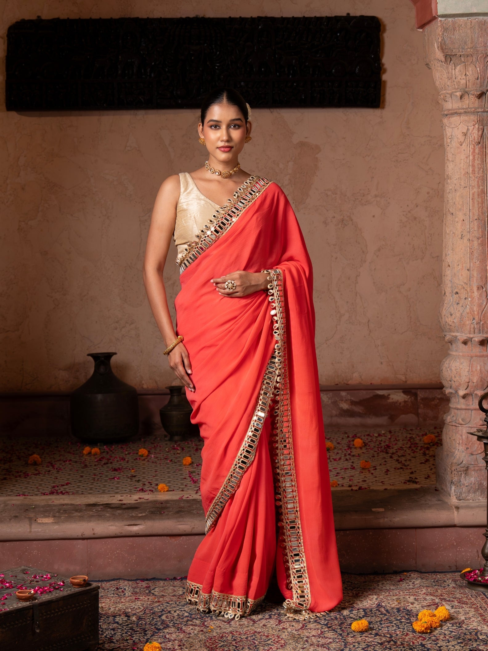 Coral Orange Pure Georgette Handloom Mirror Work Saree