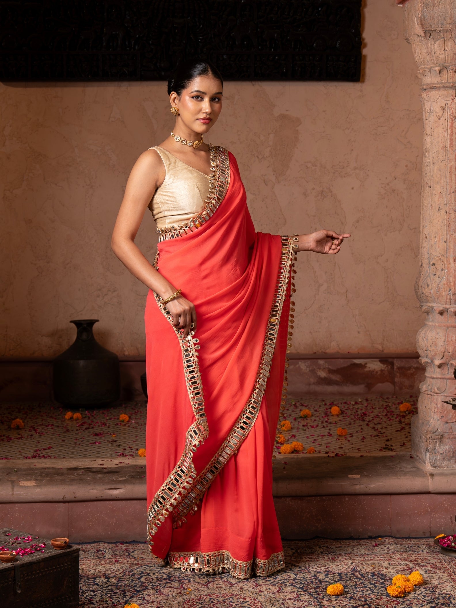 Coral Orange Pure Georgette Handloom Mirror Work Saree