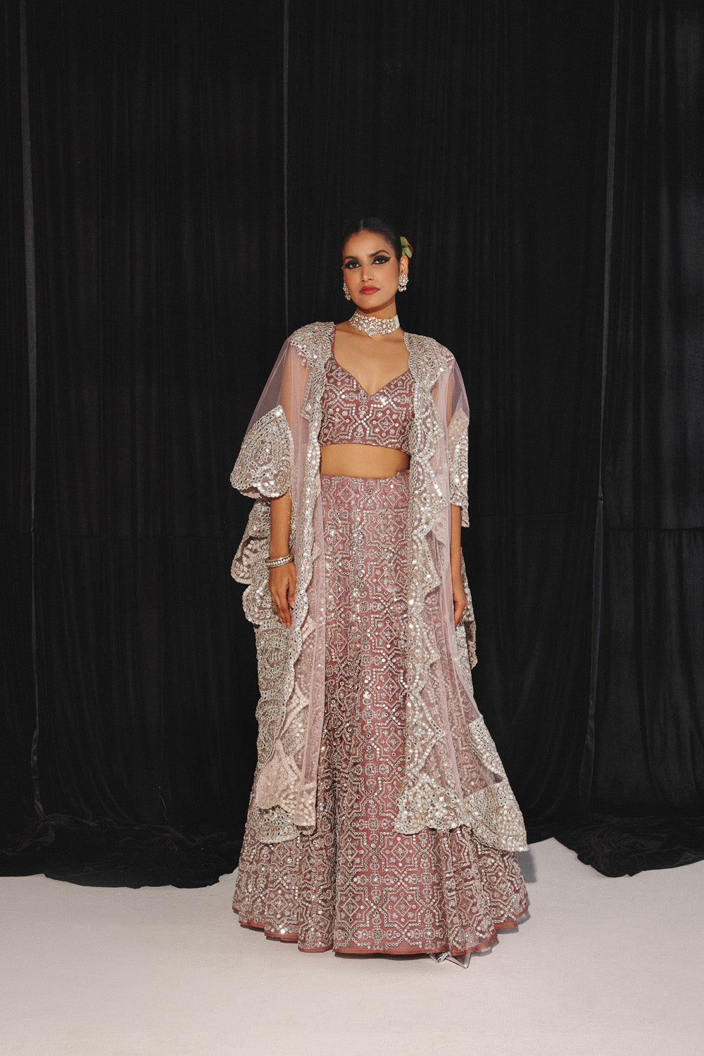 MIRRORWORK AND BEADWORK CONICAL LEHENGA SET WITH CAPE