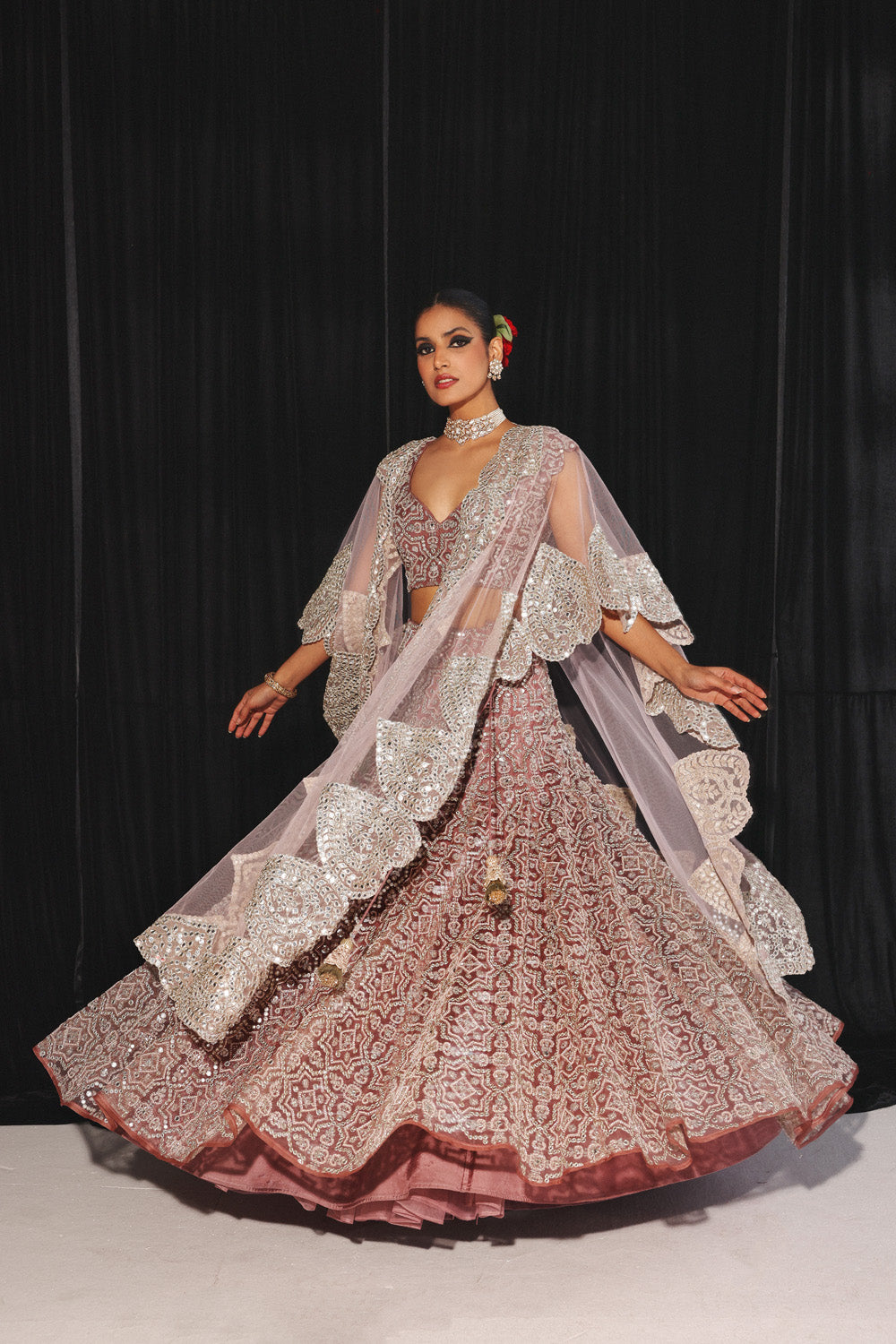 MIRRORWORK AND BEADWORK CONICAL LEHENGA SET WITH CAPE