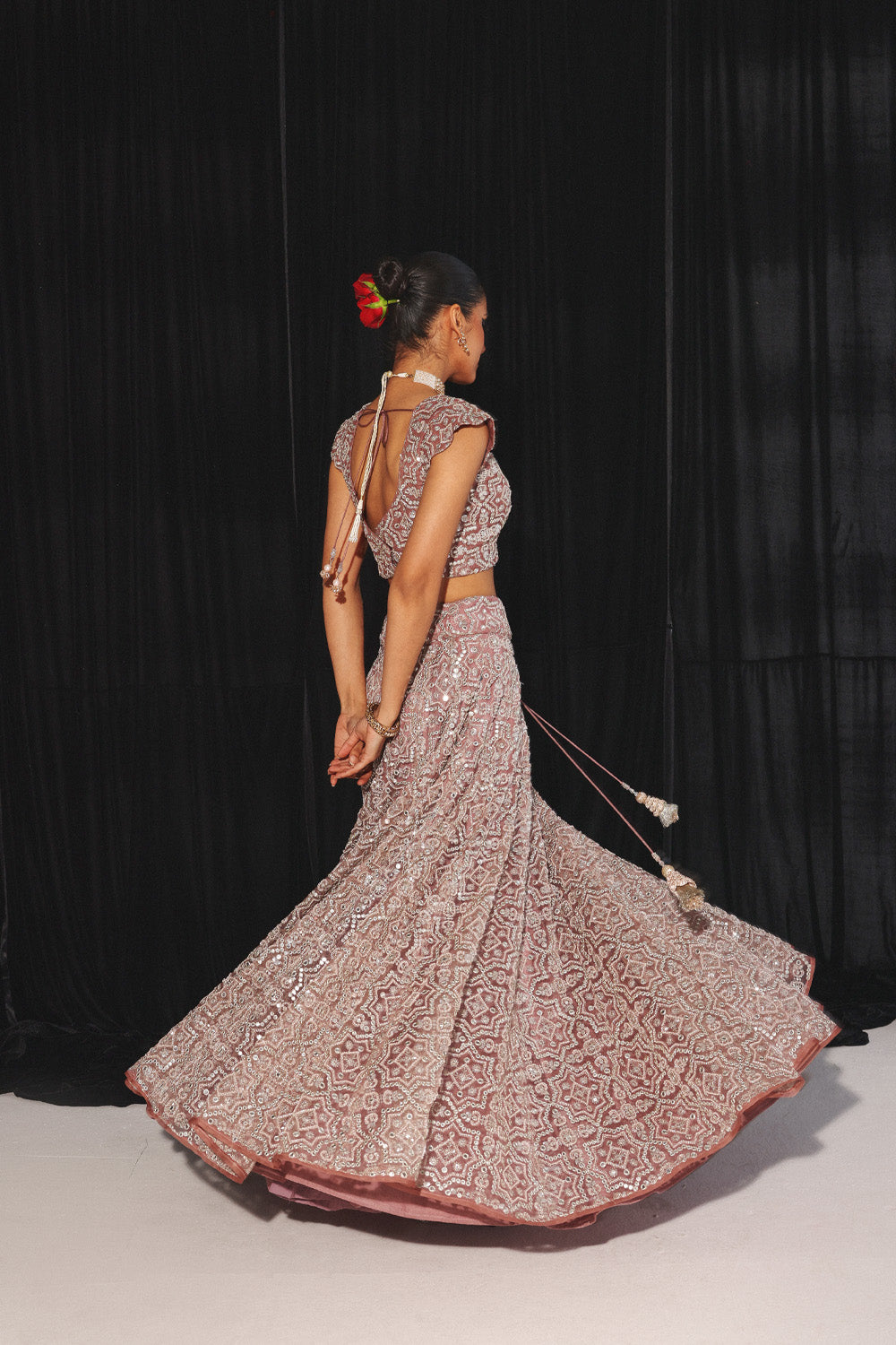 MIRRORWORK AND BEADWORK CONICAL LEHENGA SET WITH CAPE