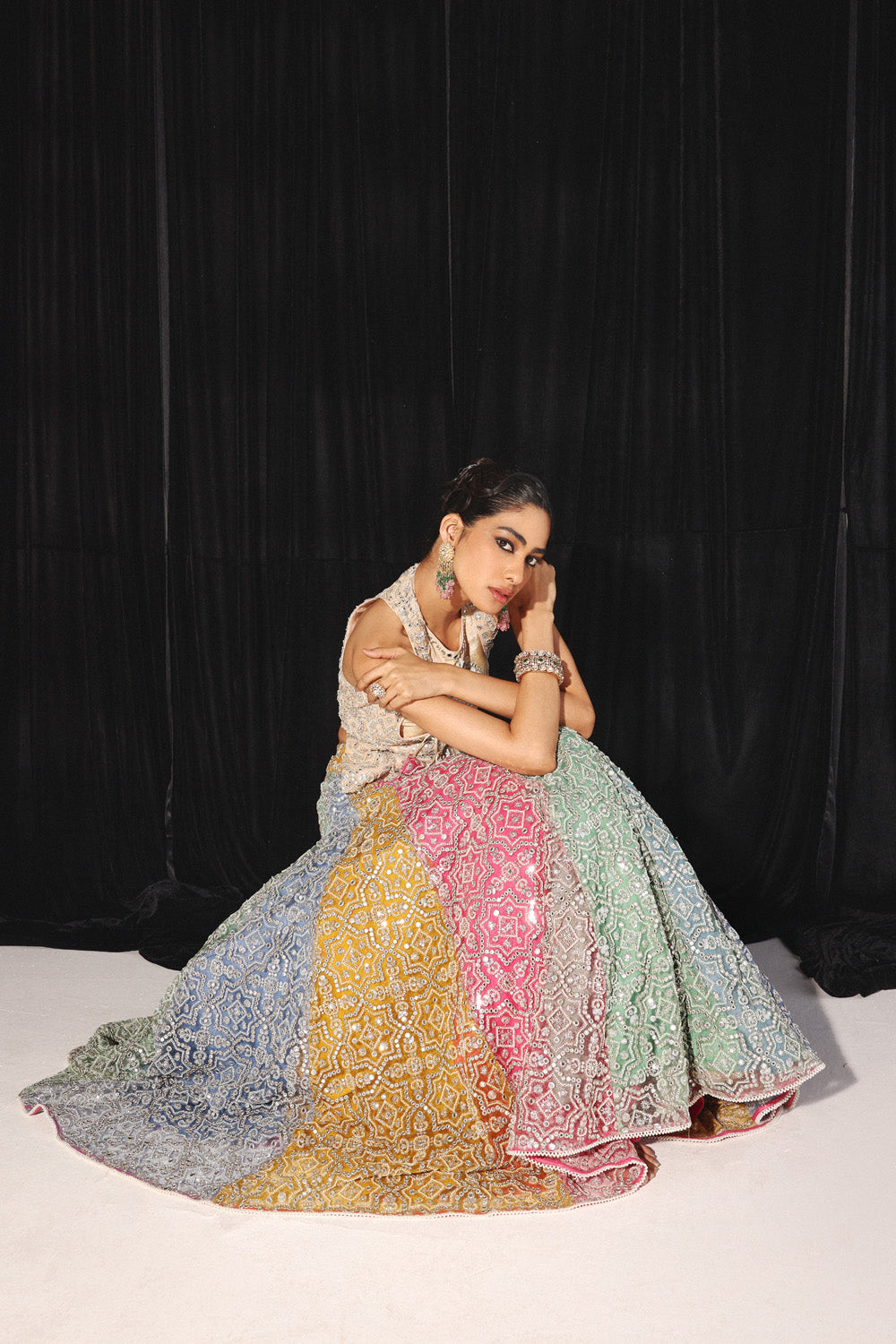 MIRRORWORK AND BEADWORK MULTICOLOUR LEHENGA SET