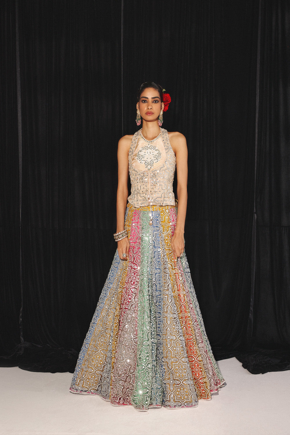 MIRRORWORK AND BEADWORK MULTICOLOUR LEHENGA SET