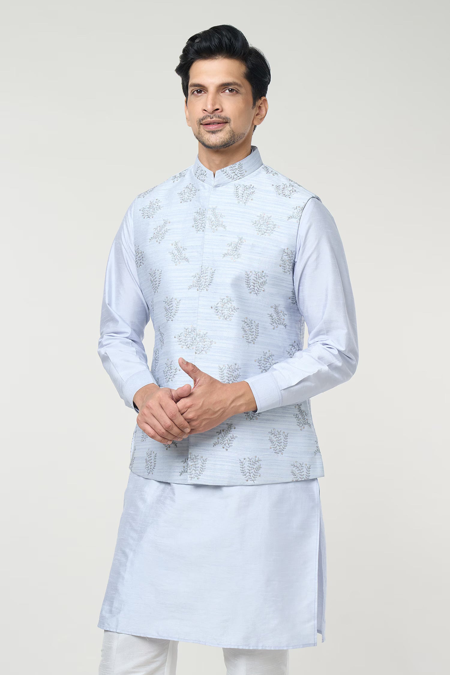 Powder Blue Embroidered Kurta-Jacket Set