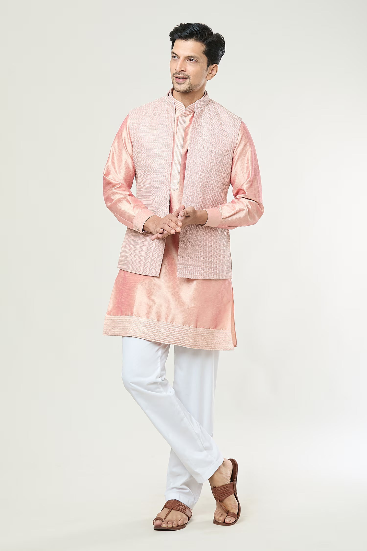 Peach Embroidered Kurta-Jacket Set