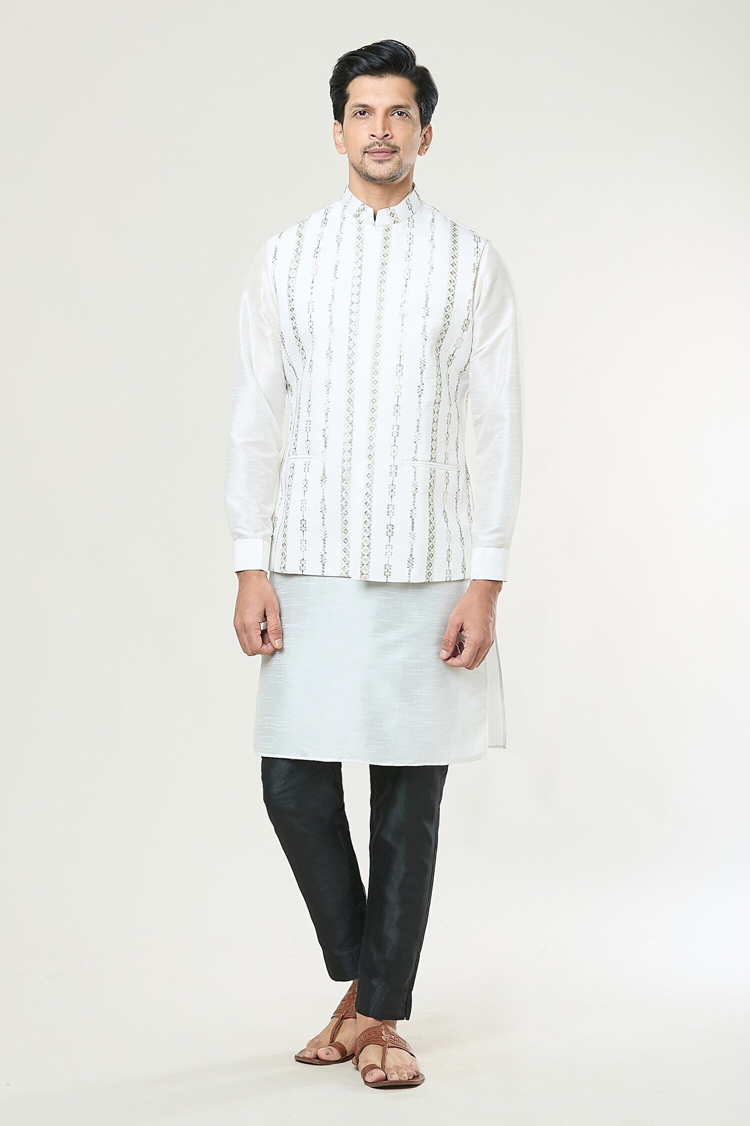 Off White Embroidered Kurta-Jacket Set