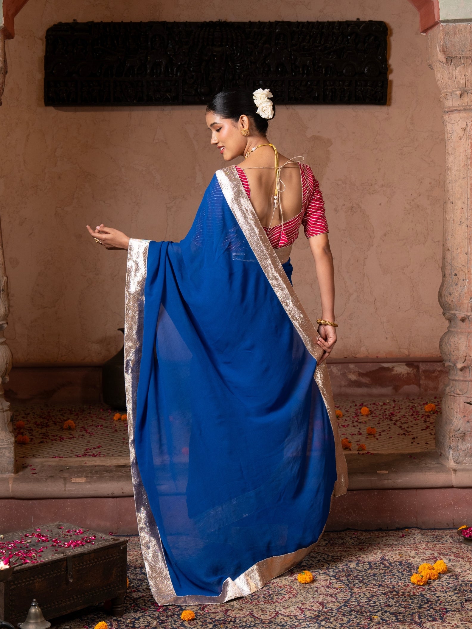 Royal Blue Pure Georgette Handloom Gota Patti Saree