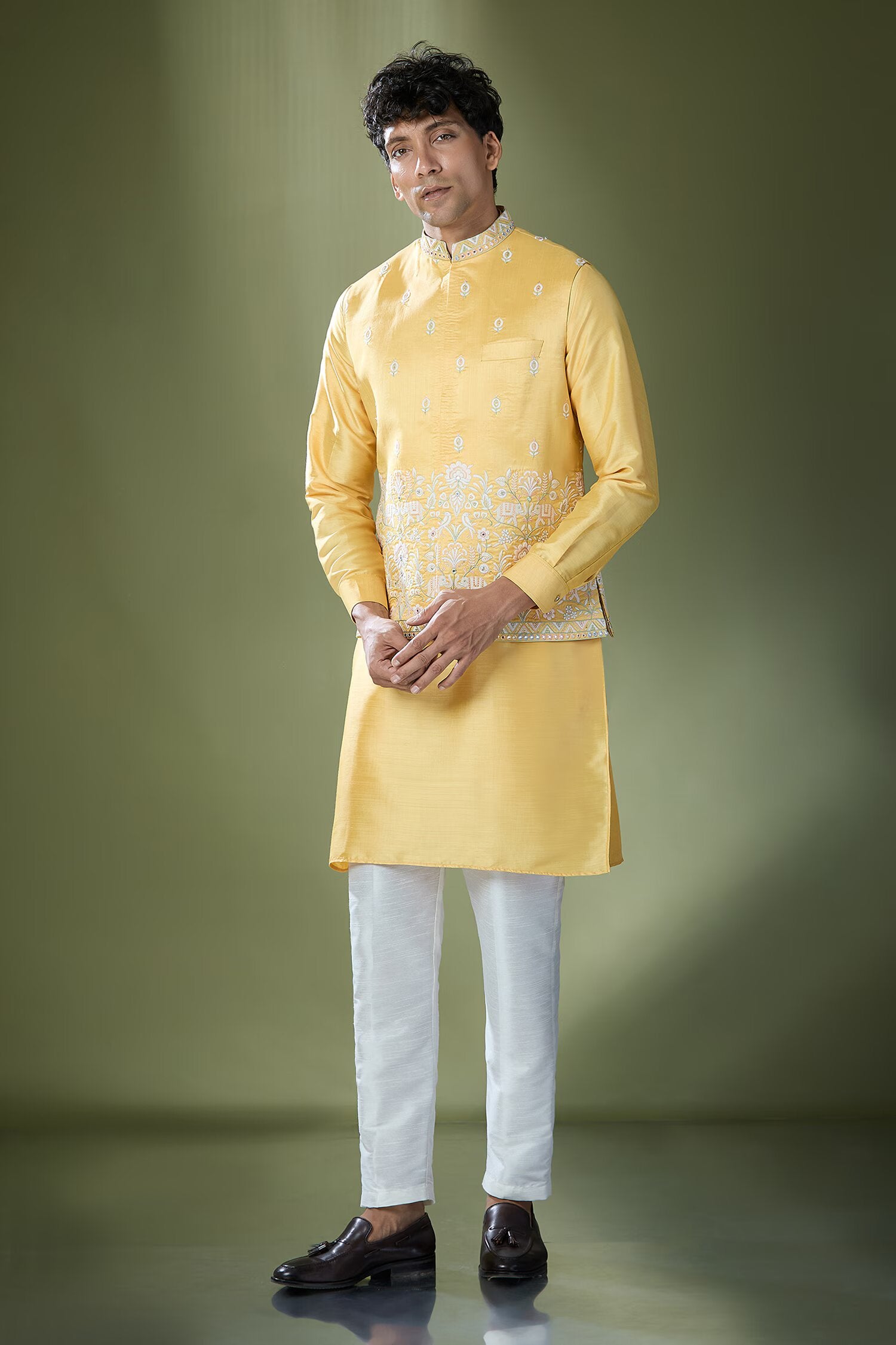 Yellow Embroidered Kurta-Jacket Set